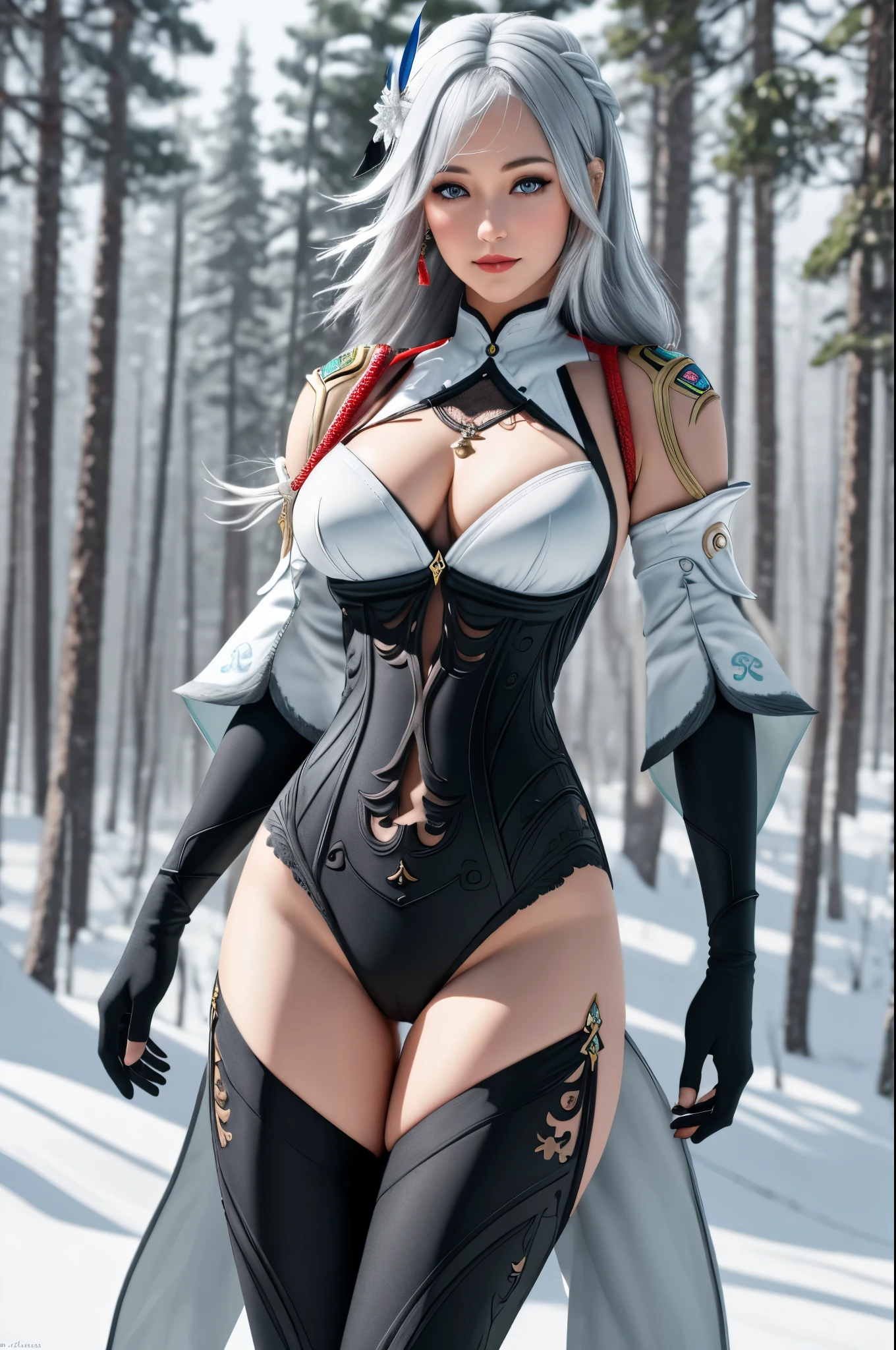 (Best Quality, 8K, Masterpiece, Ultra HD: 1.3, Ultra quality cinematic lighting, Huge detail, Well lit, 35mm, sharp, hyper realistic, epic scale, insane level of details, beautiful detailed girl, very detailed eyes and face, beautiful detailed eyes, ultra detailed skin, realistic skin), Lindsey Vonn as a Shenhe, ((short torso, long legs, slim waist, big hips, big naturally sagging breasts):1.2), ((black matte full-body bodysuit):1.3), (((long white hair braided, silver light hair), gray eyes, bright red lipstick):1.3), (black feather in the hair on the right:1.3), necklace, earrings, bracelet, ((no bra, no panties, detailed cameltoe, camel toe, labia):1.2), (arms behind her:1.2), (snow forest, pine trees)