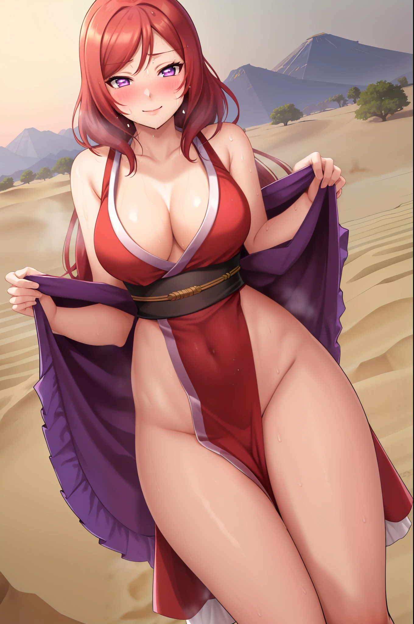 ((Masterpiece)), 8k wallpaper,,best quality,(standing ),(looking at viewer), purple eyes, ( perfect hips),(detailed position body),cowboy shot, nishikino maki, kunoichi dress, standing ,smile, (sweating:1.2), blushing,in Egyptian desert