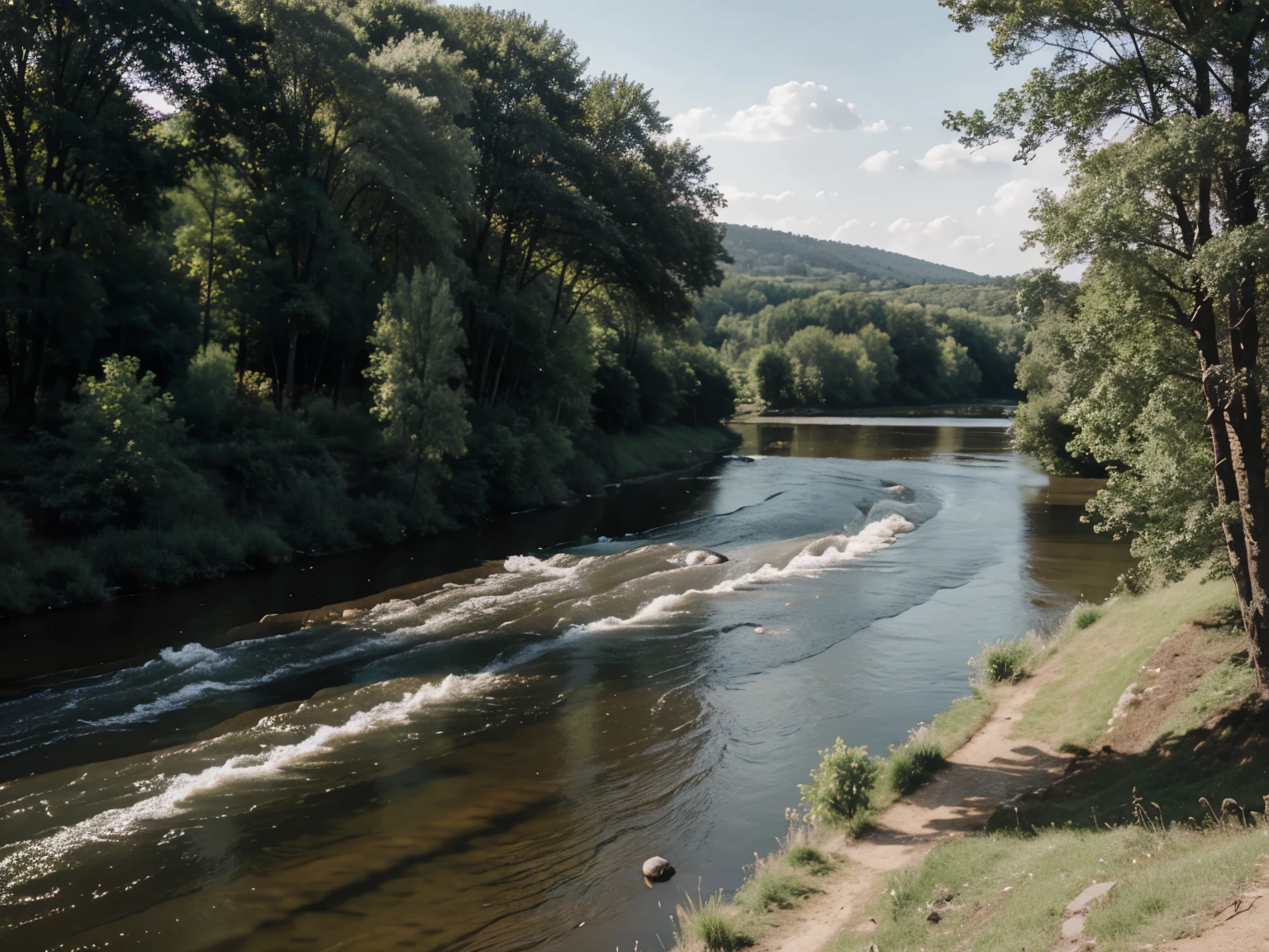 realistic rural landscape with a river and some trees