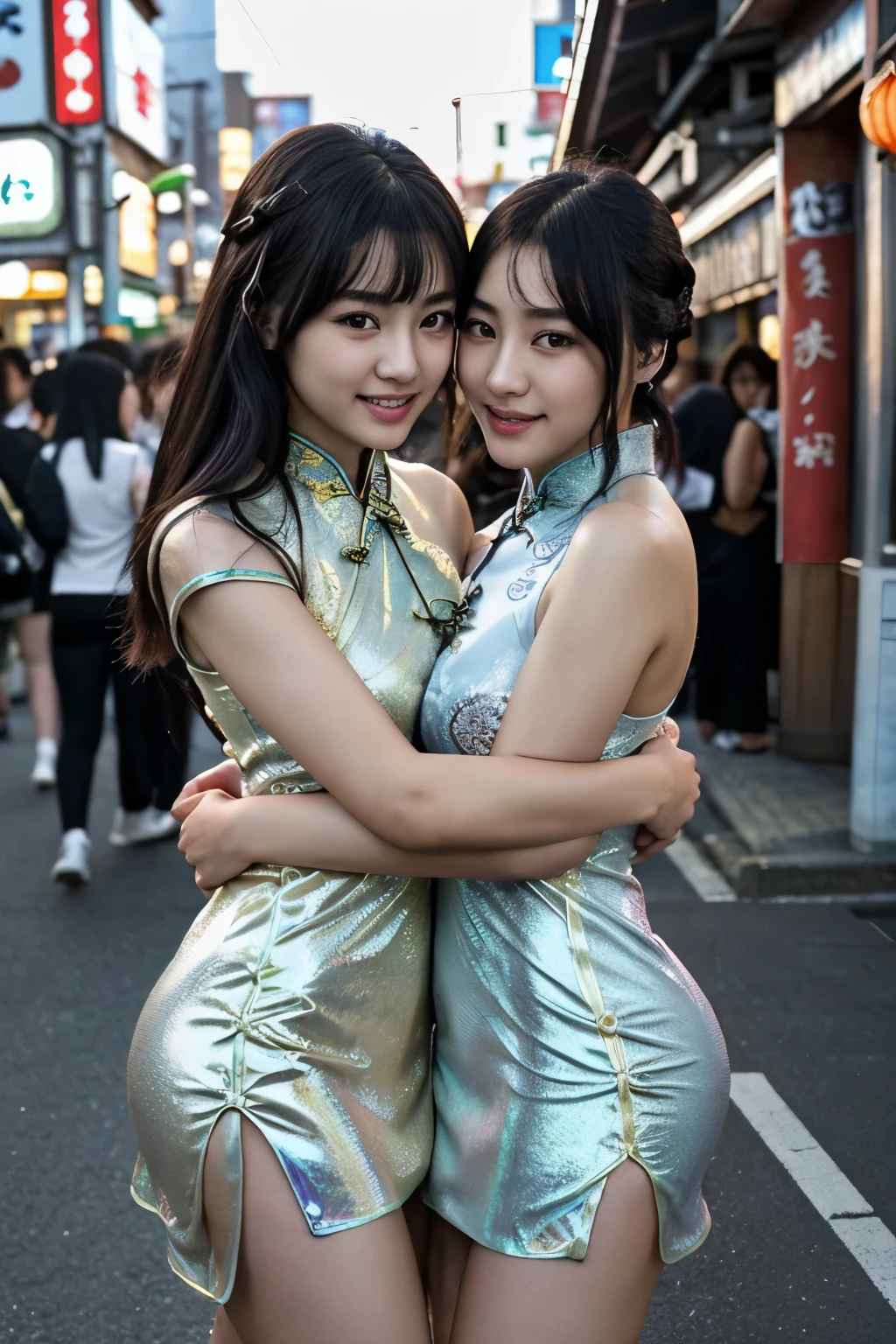 masterpiece、最high quality、high quality、best image quality、8K、最High resolution、High resolution、最high quality、RAW photo、Group photo、realisticな雰囲気、(detailed face)、(detailed hands、thumb1reference4)、(beauty of japan )、very nice face、beautiful face、((multiple girls))、((2person girl))、((hug each other2person girl達))、((beautiful japanese girl))、(japanese woman), ((18 year old beautiful girl))、(glossy black hair)、(long straight hair)、whole body、(small round upward facing breasts)、athlete's body、(shiny skin)、(Fair skin)、realisticな人の肌、realisticな人体構造、perfect body, perfect face, perfect hands, perfect fingers, perfect lips, perfect eyes,perfect teeth、perfect background, perfect atmosphere, professional quality, perfect photo, high qualityのオクタン価レンダリング, high qualityのベクター, super detailed,beautiful skin,looking at camera、(realistic、Photoreal:1.37)、natural soft light、photon mapping、2My eyelids are heavy、 The shape of the nipple is clearly visible、The shape of the genitals is clearly visible、in tokyo akihabara、on the road、in the crowd、((Transparent iridescent metallic(long cheongsam dress with slit))
