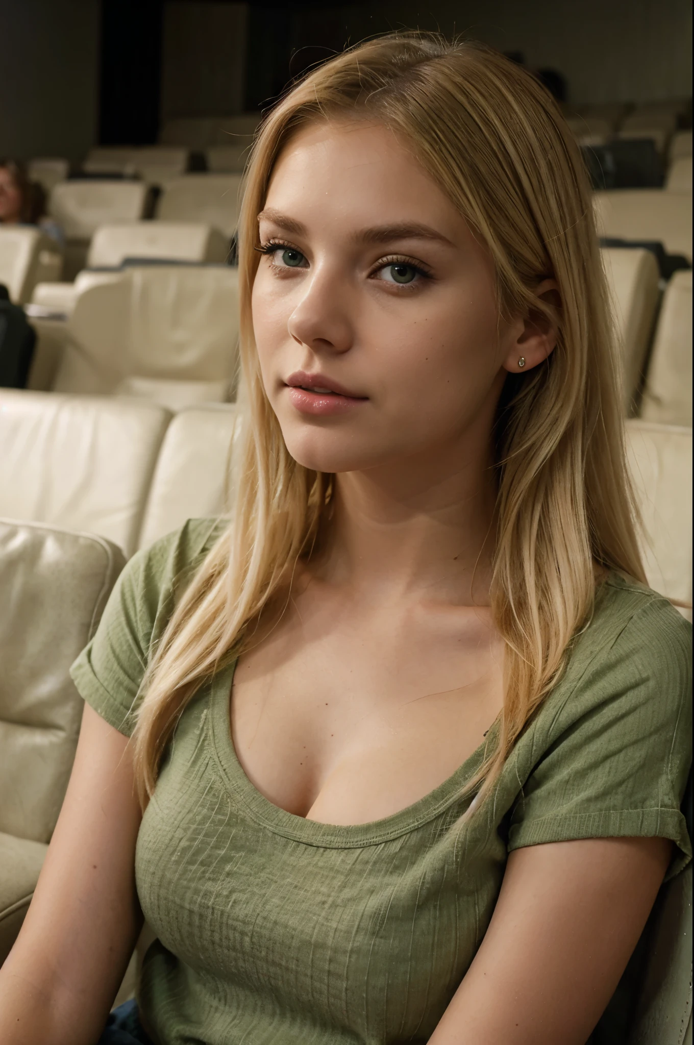 side pose of 23 year old female reporter with dirty MEDIUM blonde hair, wearing casual outfit, pink lips, watching movie in modern cinema, dirty medium blonde hair, green eyes, realistic photography