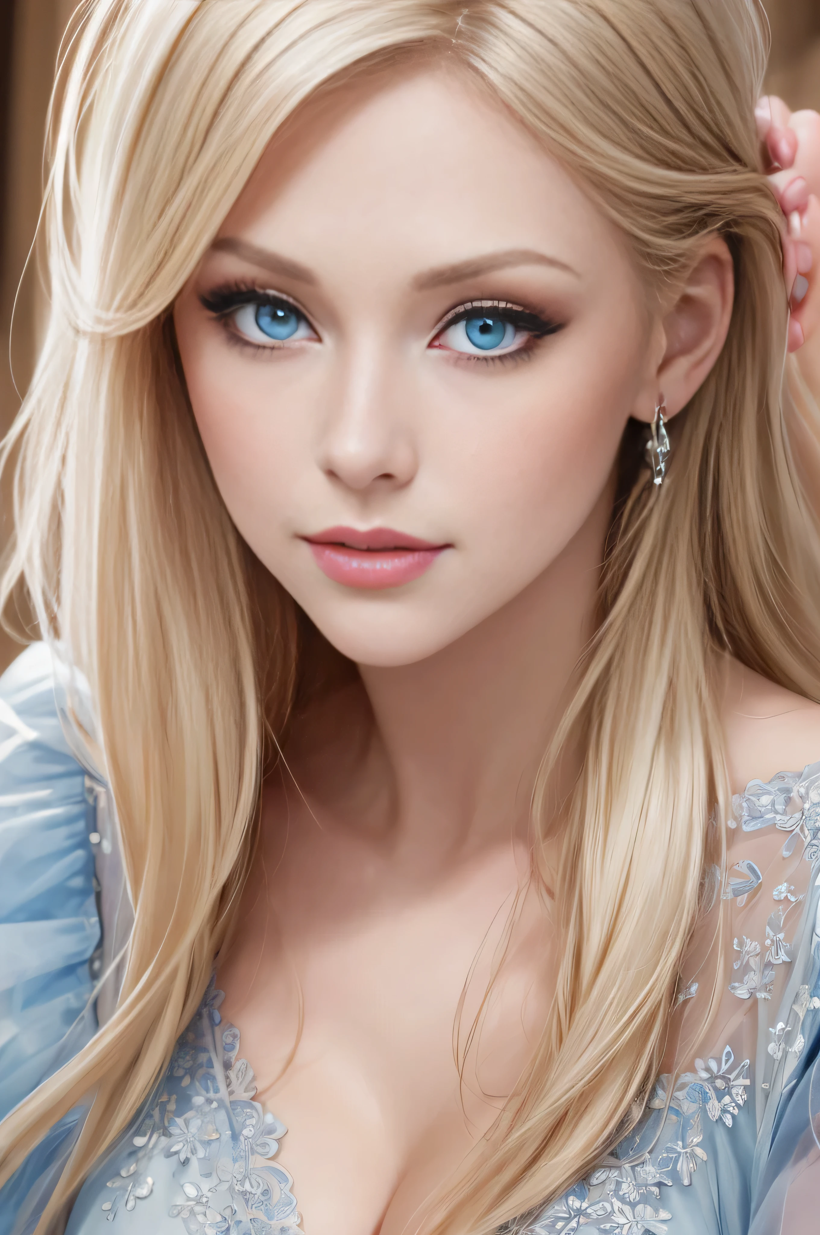 highest quality、High resolution、Super detailed、masterpiece、Live shooting:2、real:2、photorealistic:2、very delicate and beautiful、fine details、textured skin、beautiful caucasian、solo、Super beautiful, Makeup, Ecstatic expression, lecherous expression, temptation expression, Flowing layered white shiny blonde hair, Glowing big blue eyes, Seductive moist pink lips, perfect proportions, (close up of face:1.7)