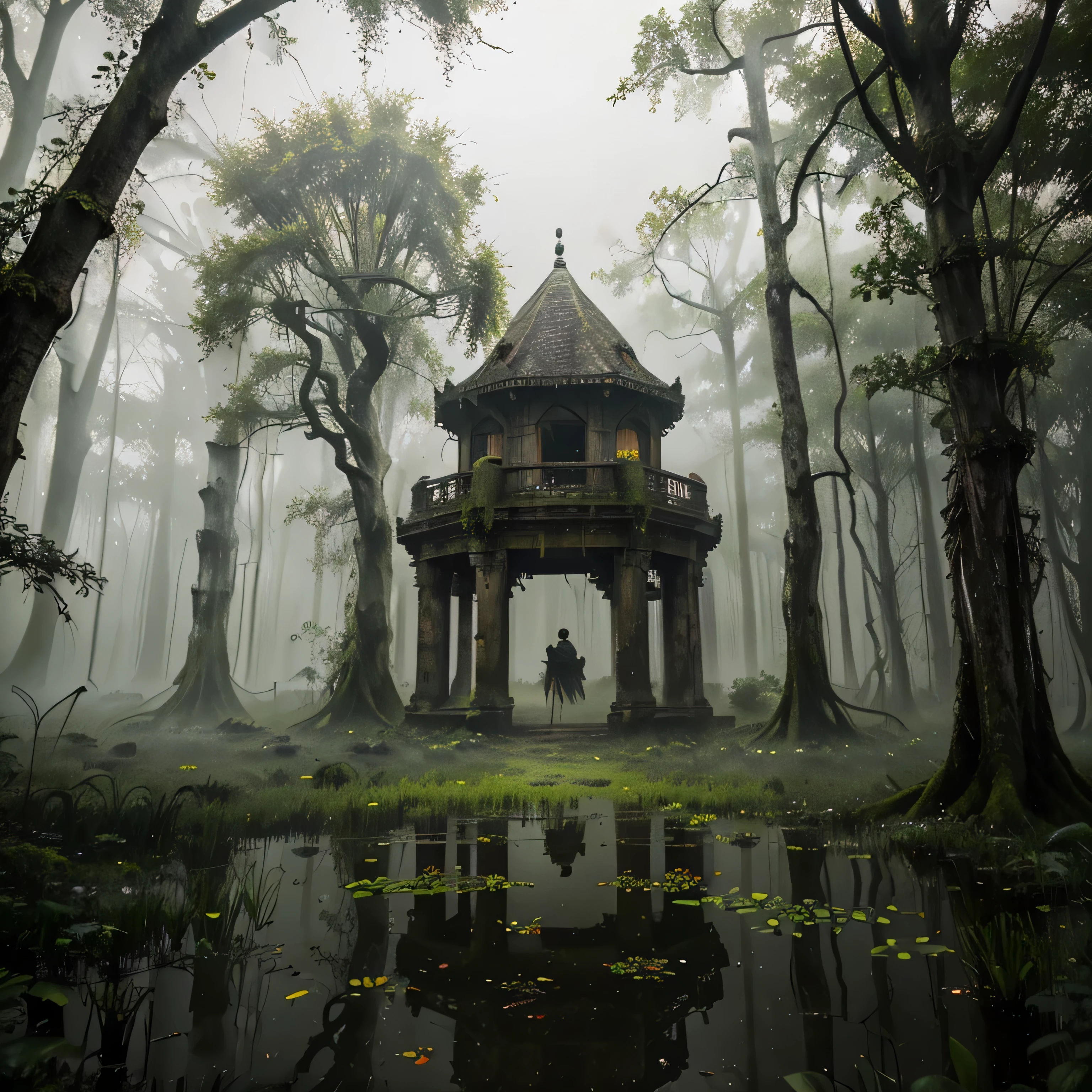 Mystical swamp, murky and dense, Vibrant, ORANGe, YELLOW, gloomy yet overgrown. Tranquil, ancient, and serene. Earthy, mysterious, with saturated, ominous, and lush surroundings. Hazy and haunting, yet peacefully damp. Enchanting, vibrant, and primeval.