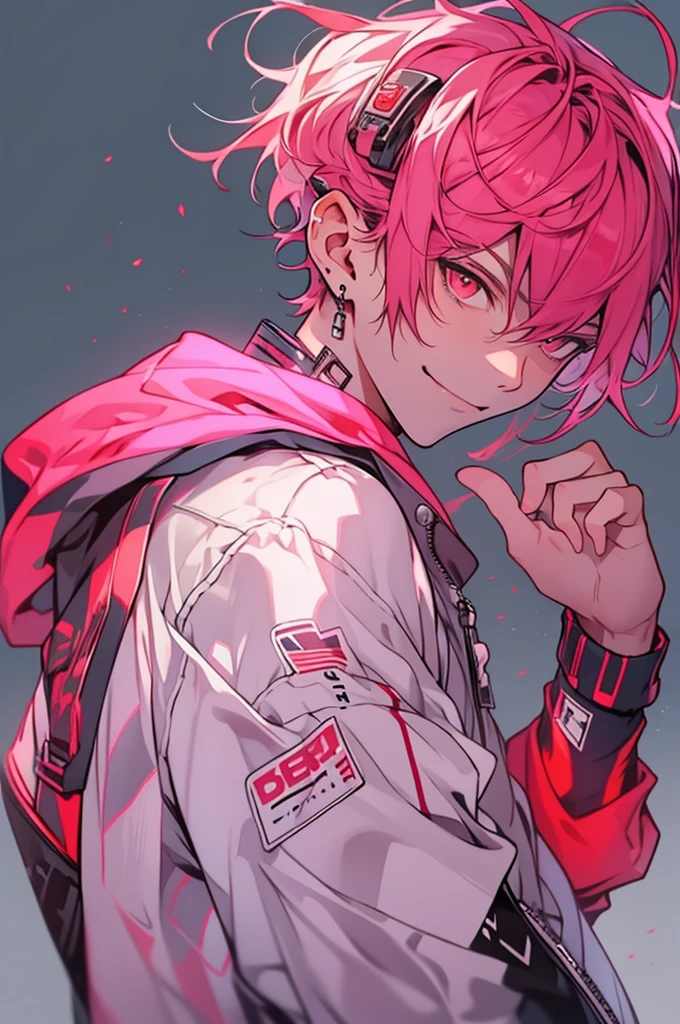 masterpiece, highest quality, cyber punk, 1 boy, alone, male focus, looking at the viewer,Upper body, facing forward,Depth of bounds written , pink hair,(disconnected undercut 1.5), Red eyes, smile, red jacket,(No background 1.5)