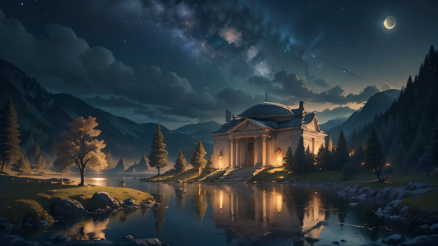 (best quality,4k,8k,highres,masterpiece:1.2),ultra-detailed,(realistic,photorealistic,photo-realistic:1.37), peaceful hills, beautiful landscape, night, cloudy sky, white Greek temple, detailed clouds, starry night, moonlight, serene atmosphere, gentle breeze, lush greenery, rolling hills, distant mountains, tranquil setting, misty valleys, soft grass, shimmering lake, reflection of the moon, calm water, peaceful ambiance, subtle shadows, ethereal glow, stars twinkling, peacefulness, serenity, tranquility, divine beauty, majestic scenery