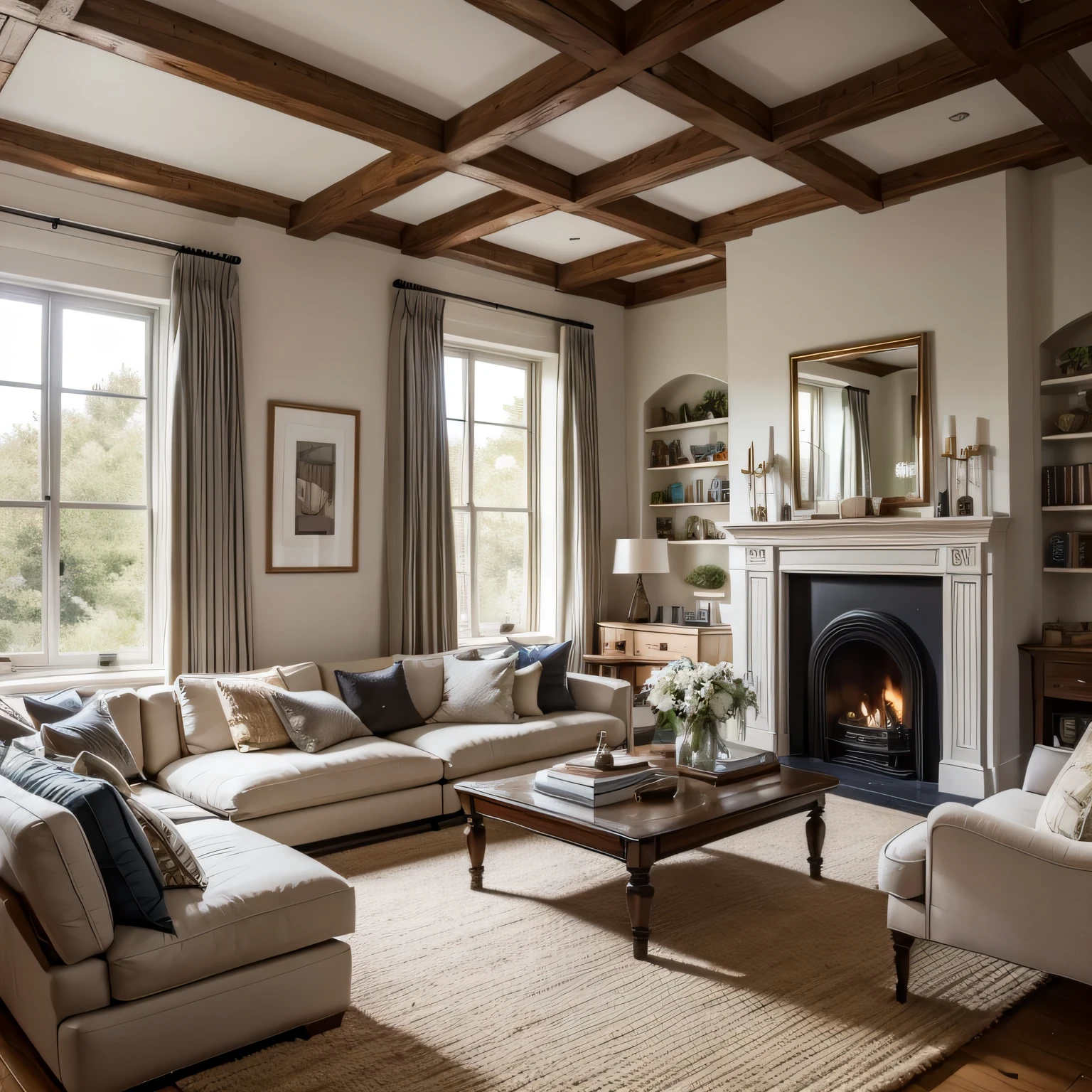 photo of a spacious, cozy living room in a country house with a modern interior