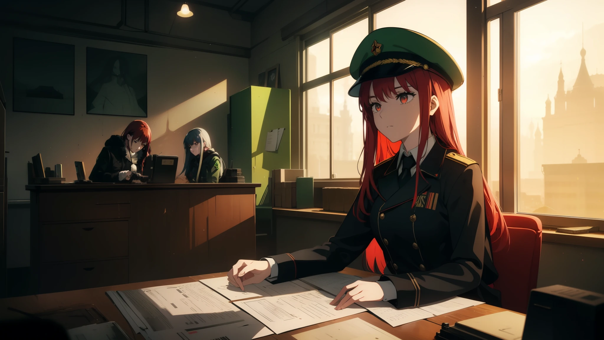 Generate an AI artwork set in the Soviet era, showcasing an anime girl with vibrant red hair, typing on a vintage Soviet typewriter. She is dressed in a green Soviet military uniform, complete with a matching hat. The desk she is working at is cluttered with various documents, papers, and tools, creating a busy and industrious atmosphere. Through the window, the view of the Kremlin is expanded, making it five times larger and more prominent, with its distinct architectural features clearly visible. The overall aesthetic should embody the Sovietwave style, influenced by the artistic flair of Guweiz. The scene is designed to resemble a Girls' Frontline anime film screenshot, with meticulous attention to fine details in the Girls' Frontline CG style. The artwork aims to transport the viewer into the anime world of the 2012s era, capturing the essence of Soviet history and the dedicated work environment of the protagonist.