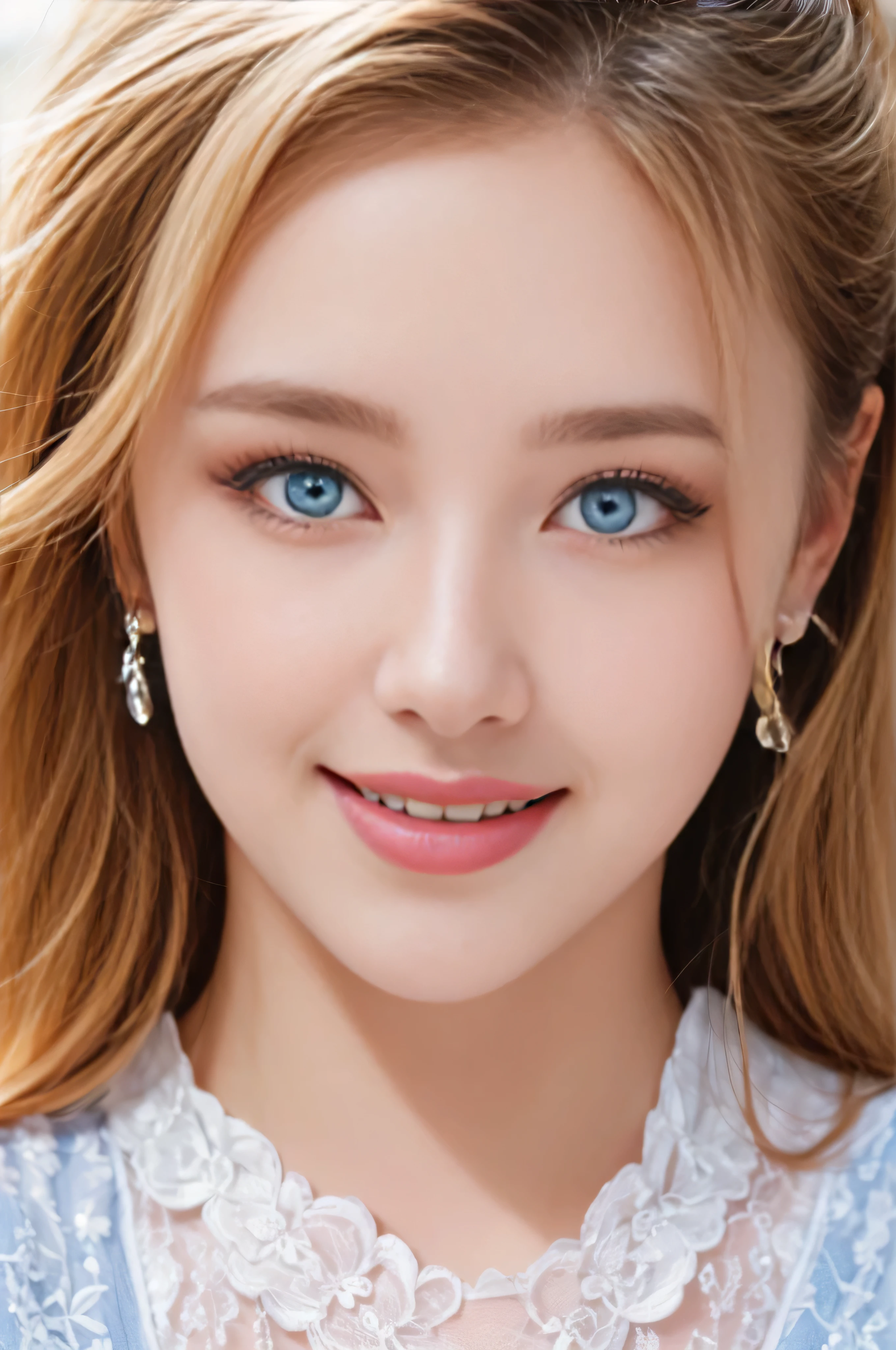 highest quality、High resolution、Super detailed、masterpiece、Live shooting:2、real:2、photorealistic:2、very delicate and beautiful、fine details、textured skin、beautiful caucasian、solo、Super beautiful, Makeup, Ecstatic expression, lecherous expression, temptation expression, Flowing layered white shiny blonde hair, Glowing big blue eyes, Seductive moist pink lips, perfect proportions, (close up of face:1.7)