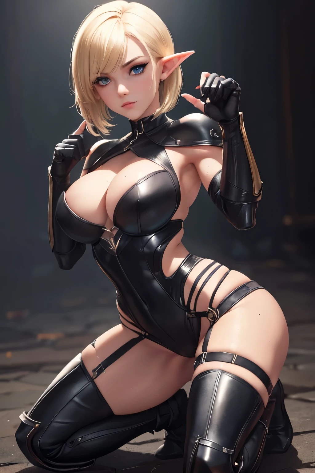 Petite, goth beauty, (bondage:1.2), elf woman, detailed, 18, beautiful, gorgeous, fit body, skinny body, (beautiful tits:1.2), (kneeling), horny, blonde hair, (medium hairstyle), (torn shredded ripped leather armor uniform:1.2), (detailed face and eyes), (detailed body), (sexy pose), (sweaty1.2), (deep cleavage), (cameltoe:1.2), (long claw nails:1.2).