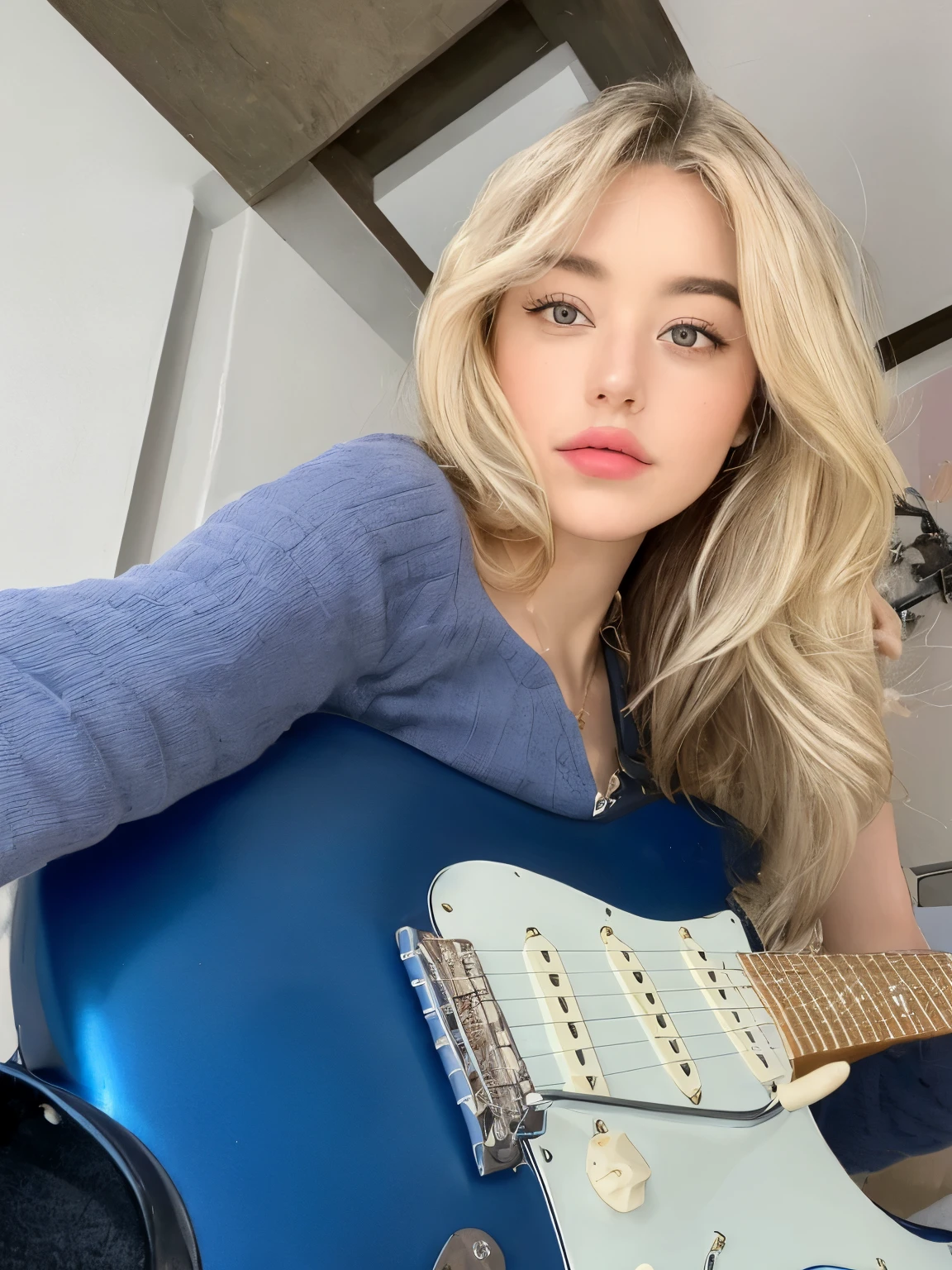 blonde woman with blue guitar posing for a photo in a room, Ana de armas, 👁🌹👾, potes de imogen, cabelos loiros e olhos azuis, Amber Heard, olhos azuis e cabelos loiros, cabelos loiros olhos azuis, holding electric guitars, potes de imogen d&D Paladino, holding a guitar, cabelo loiro olhos azuis, eva elfo