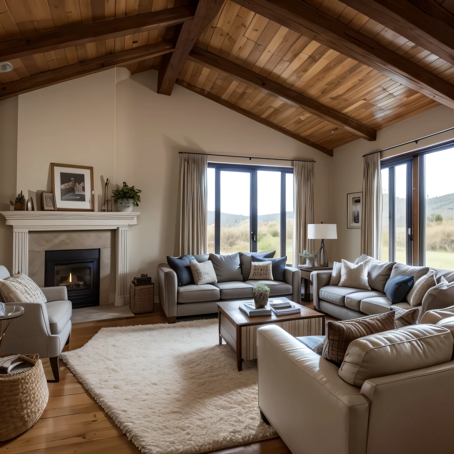 photo of a spacious, cozy living room in a country house with a modern interior