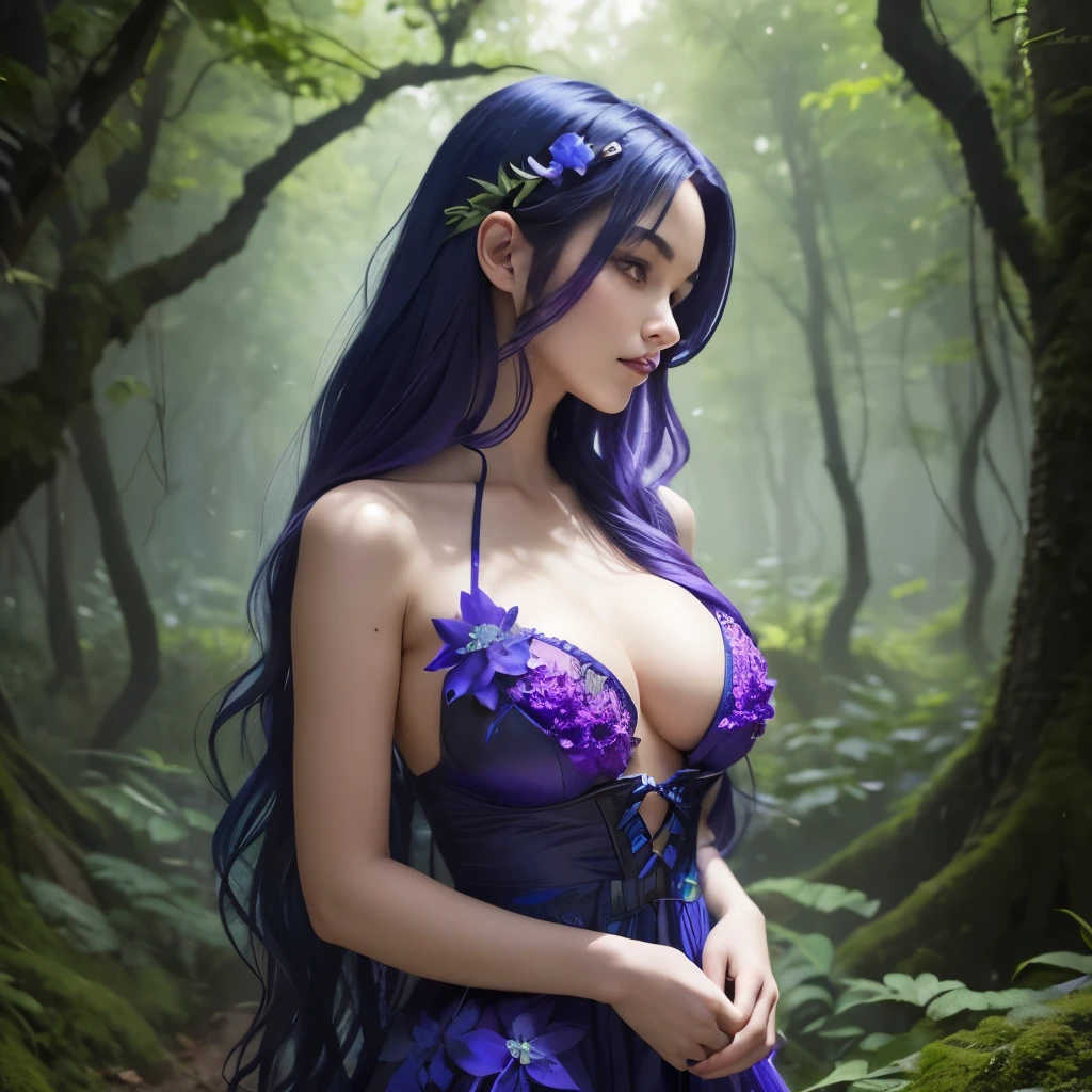 1girl, woman, bright blue skin color, purple wavt hair, dryad, upper body view, lush forest, petals, masterpiece, best quality, dress made of petals, facing viewer, large breasts