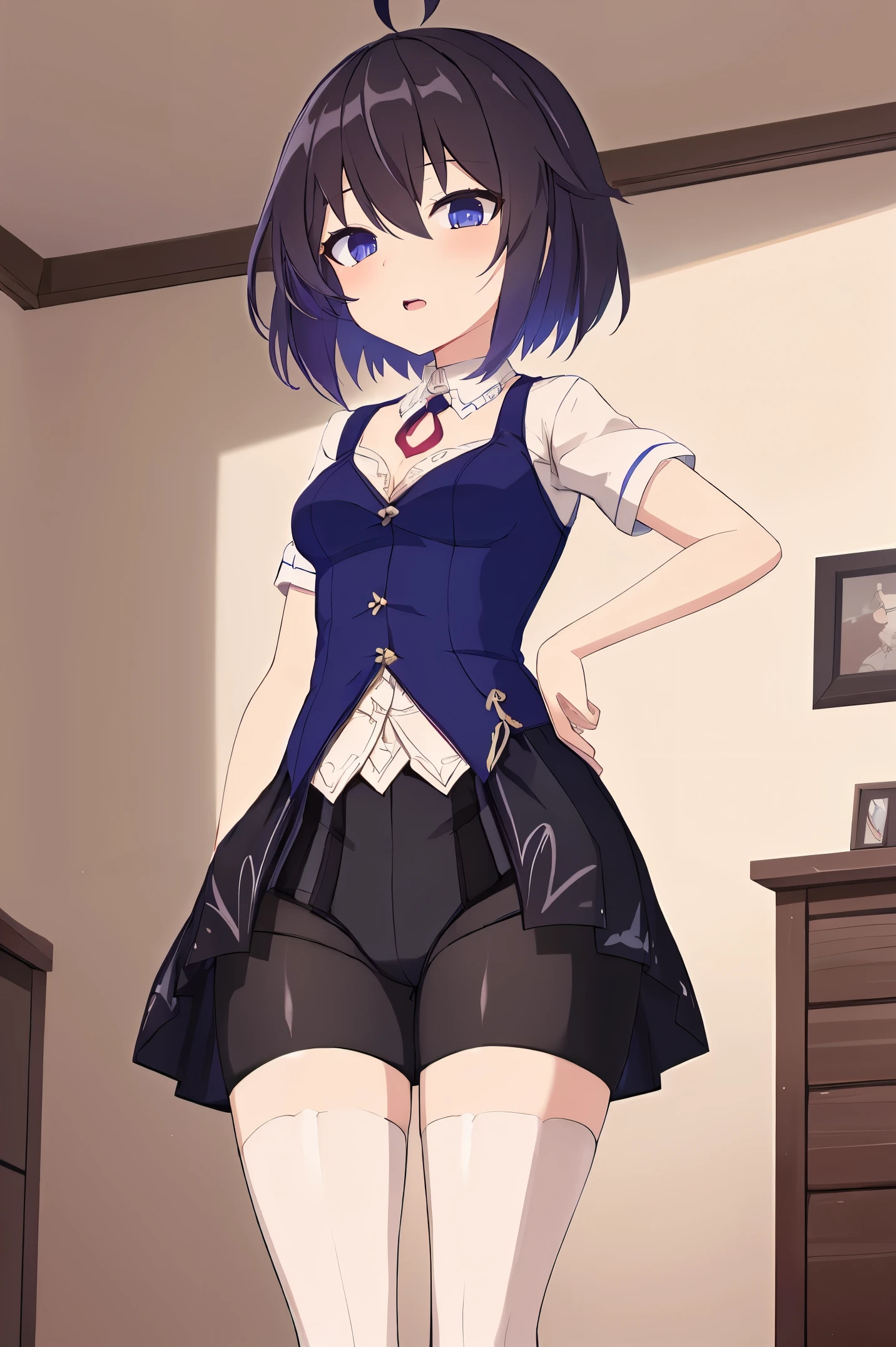 Anime girl in short skirt and shirt standing in a room - SeaArt AI
