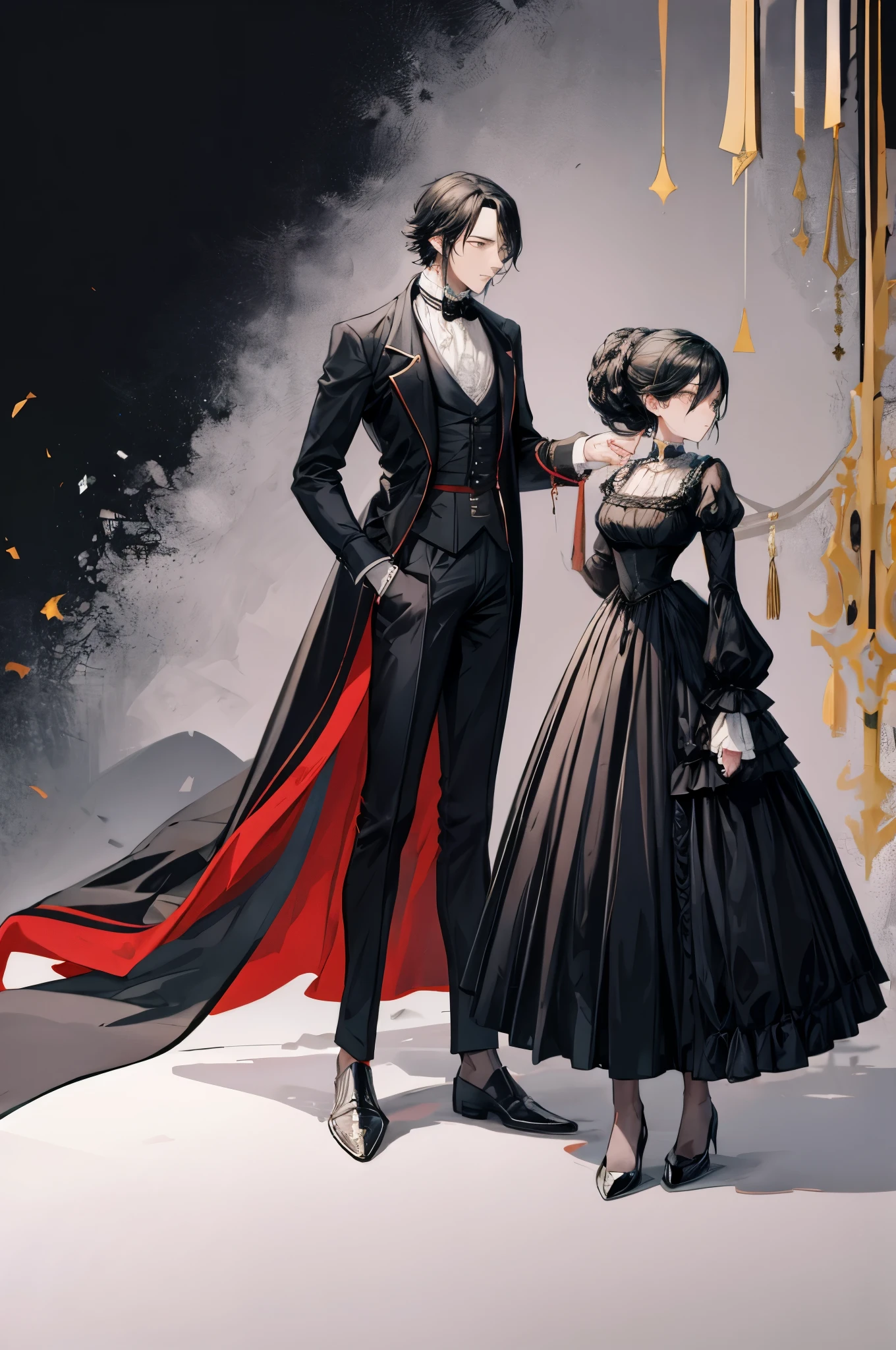 (flat color:1.1),(masterpiece:1.2), best quality, masterpiece, original, black silhouette figures of a regency man and woman