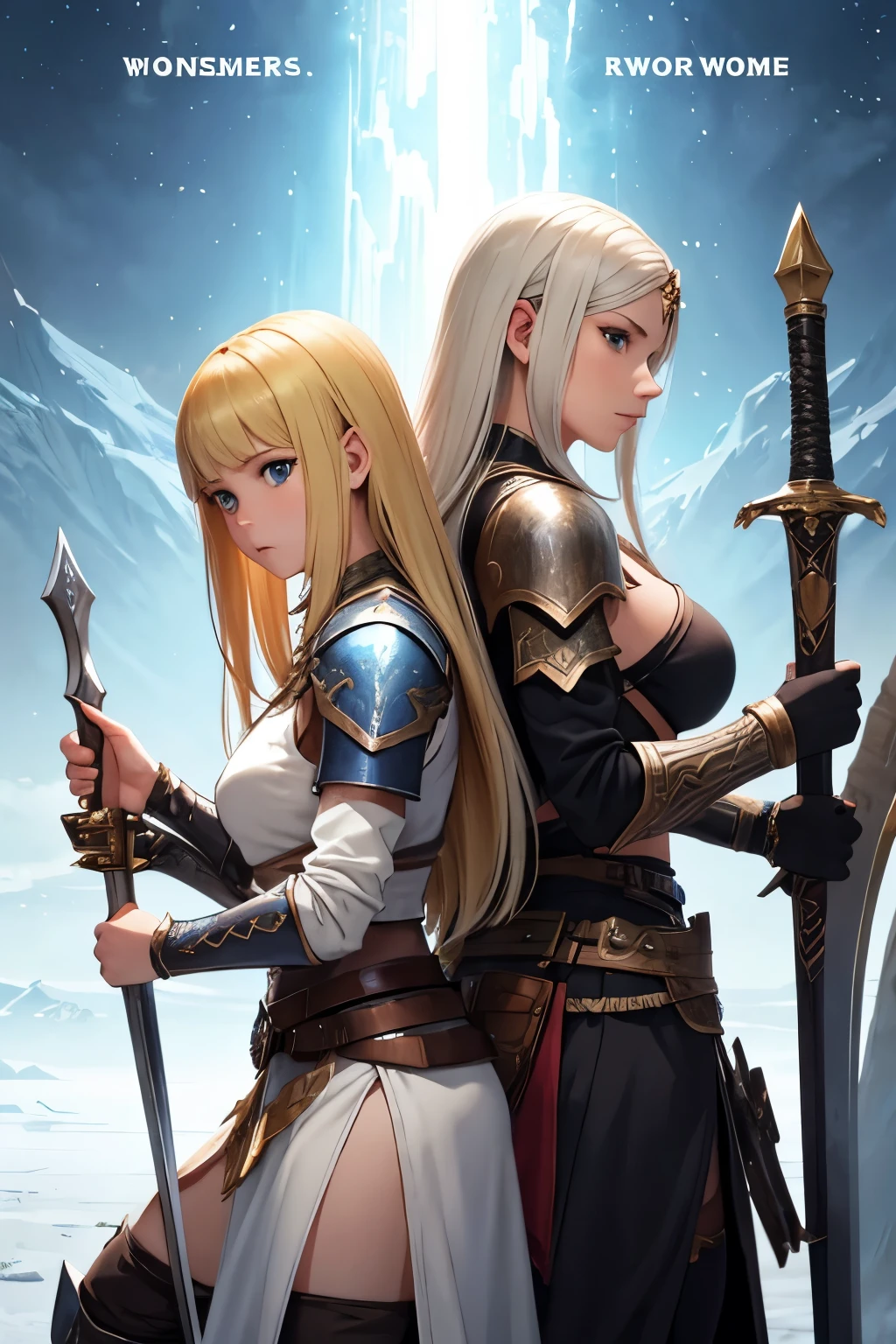 Ragnarok mmorpg, (two women:1.4), standing back to back, looking to the enemy:(monsters). (First woman):knight woman, very beautifull, Caucasian, perfect body, slim healthy tone body, blonde hair, holding a claymore sword and a shield. (Secund woman):high priest woman, cute and soft, innocent looks, busty with a perfect body, holding a grand staff with both hands. On the background, monsters standing side by side.