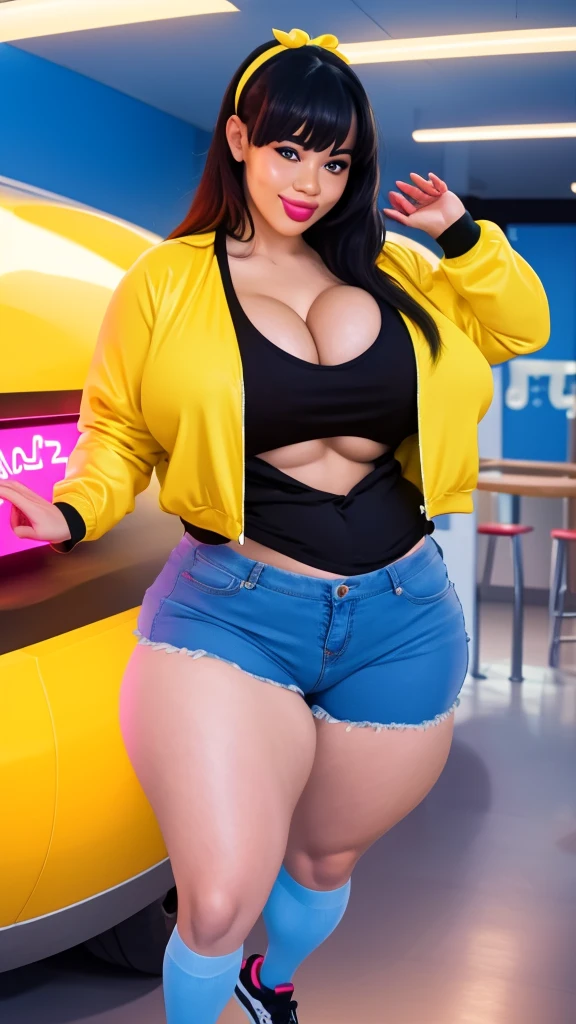 Upper body portrait, Living Inflatable sex doll, Floating, (tomie, hairband, blunt bangs, (mole under eye:0.7) extra long and thick luxurious hair with cerise highlights), freckled skin, huge breasts, (wearing massive blue and yellow college bomber jacket with tight anime logo t-shirt and mauve plaid miniskirt), (knee high socks), smiling and seductive, (blowing a gigantic bubblegum bubble from the front her lips), (indoor neon lit arcade with arcade cabinets), ((bodybuilder)), erection, ((futanari Huge dick)) underneath skirt, lips blowing bubblegum!!