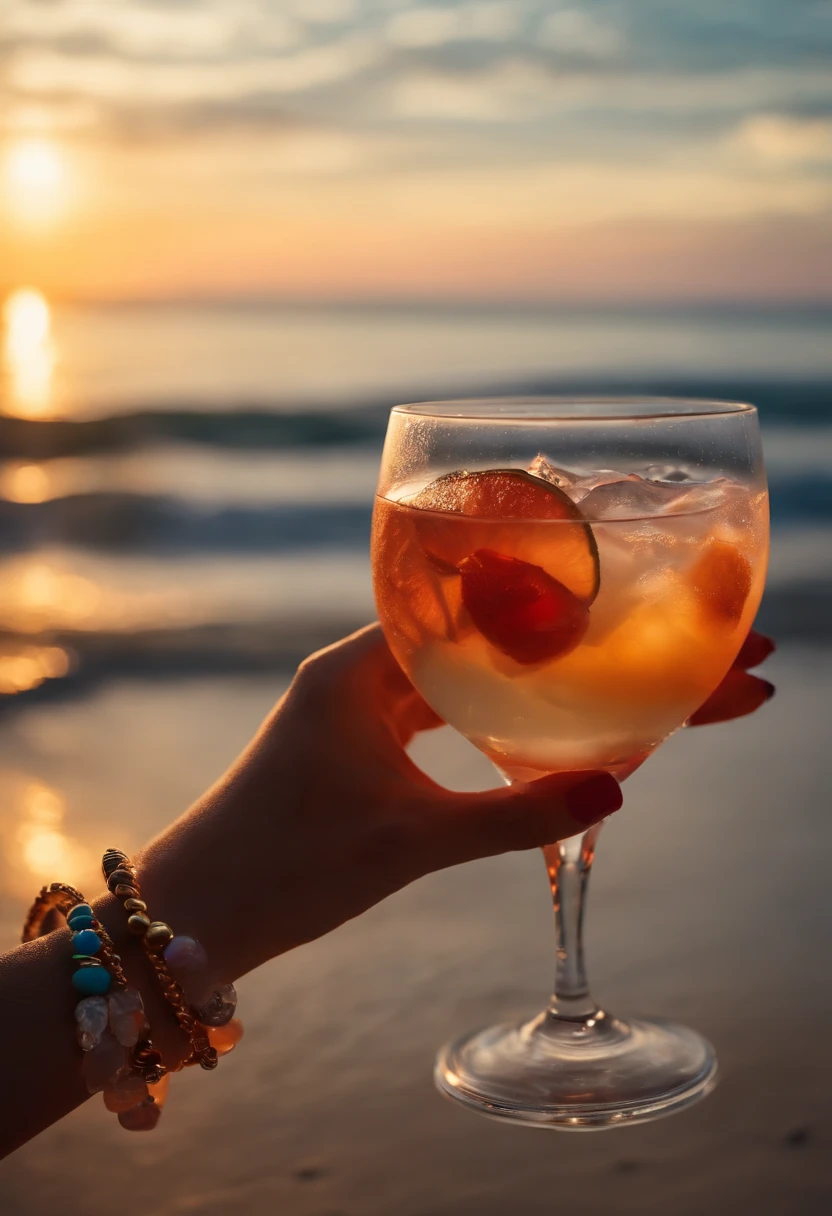 female hand holding cockTAIL AT BEACH IN the evening, with bracelet full hd