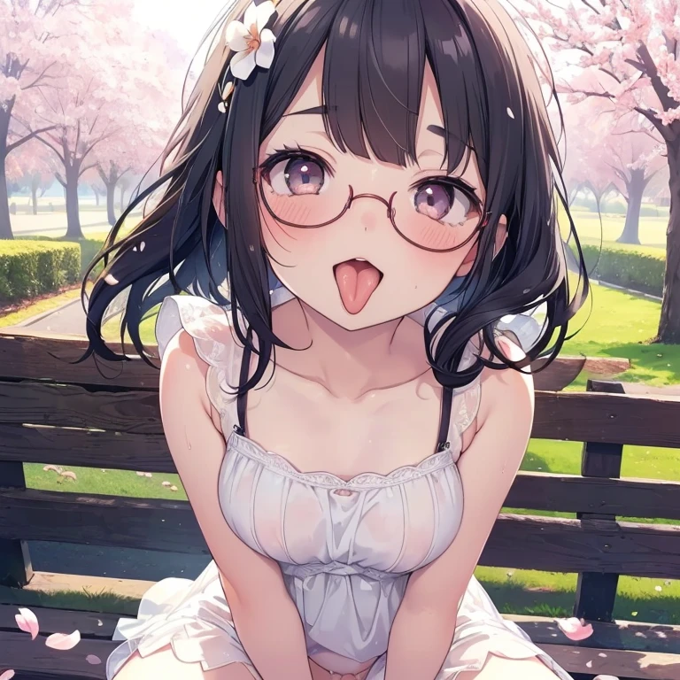 Super detailed, best quality, High resolution, Moe anime, ((A cute girl with black hair and droopy eyes wears round glasses.)), (baby face), cute eyes, detailed eye description, brilliance of eyes, Looking at Viewer, pale skin, (((petite))), (Big eyes:1.4), smile, focus on the face, Sit on a bench in the park with cherry blossoms dancing and spread your legs., (super close up of tongue), (((front view))), open mouth, (((face only:1.3))), ((sheer white wedding dress)), nsfw, Nipples are showing through, bright eyes, skirtlift