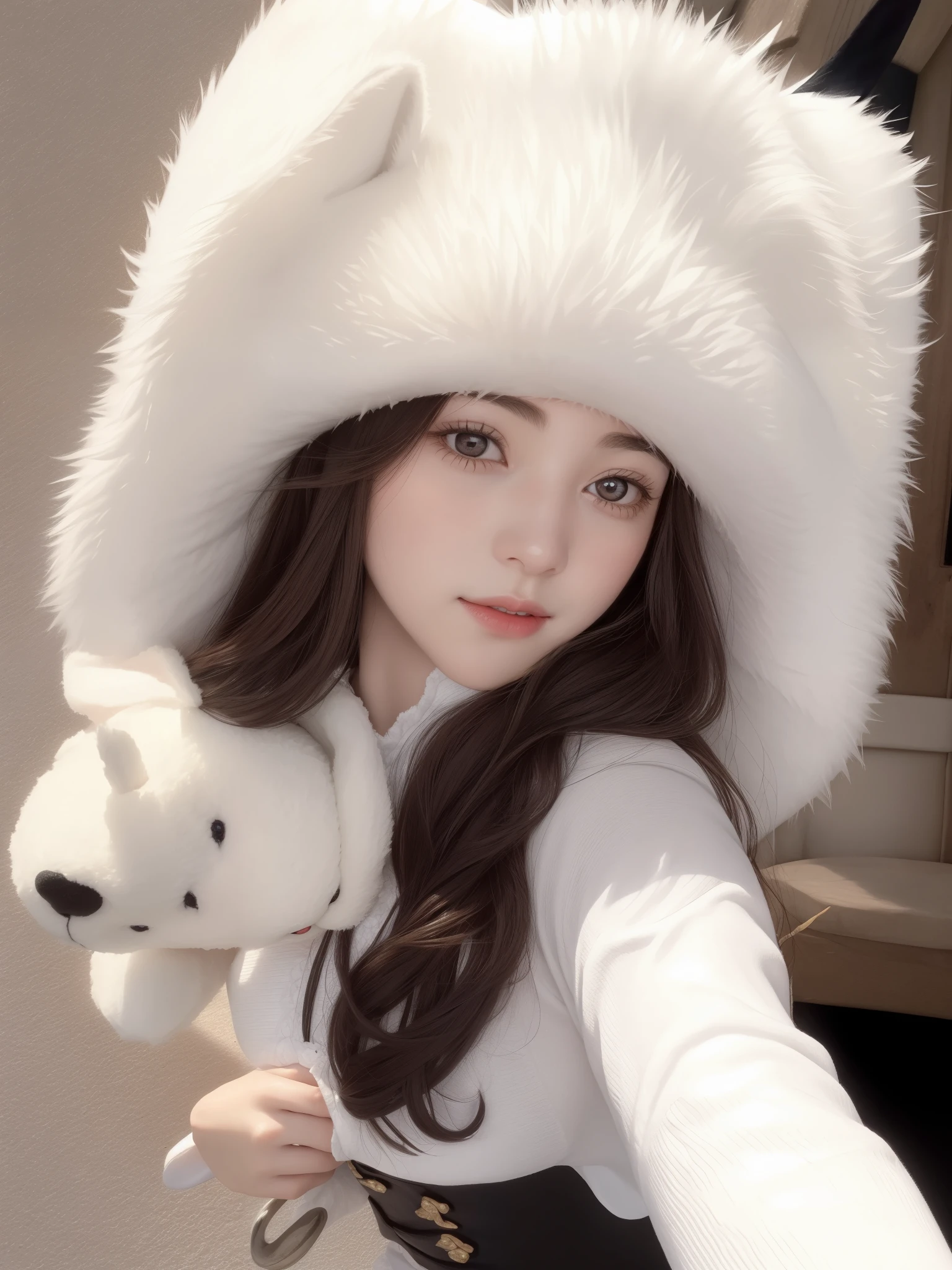 Arafed girl in a white hat holding a teddy bear., with long, floppy rabbit ears, con grandes orejas de conejo, ulzzang, dilraba dilmurat, dulce conejita ultrarrealista, sakimichan, con orejas de conejo, con pelaje blanco y esponjoso, Orejas de zorro blanco, usando un lindo sombrero, con orejas de conejo, bella delfina