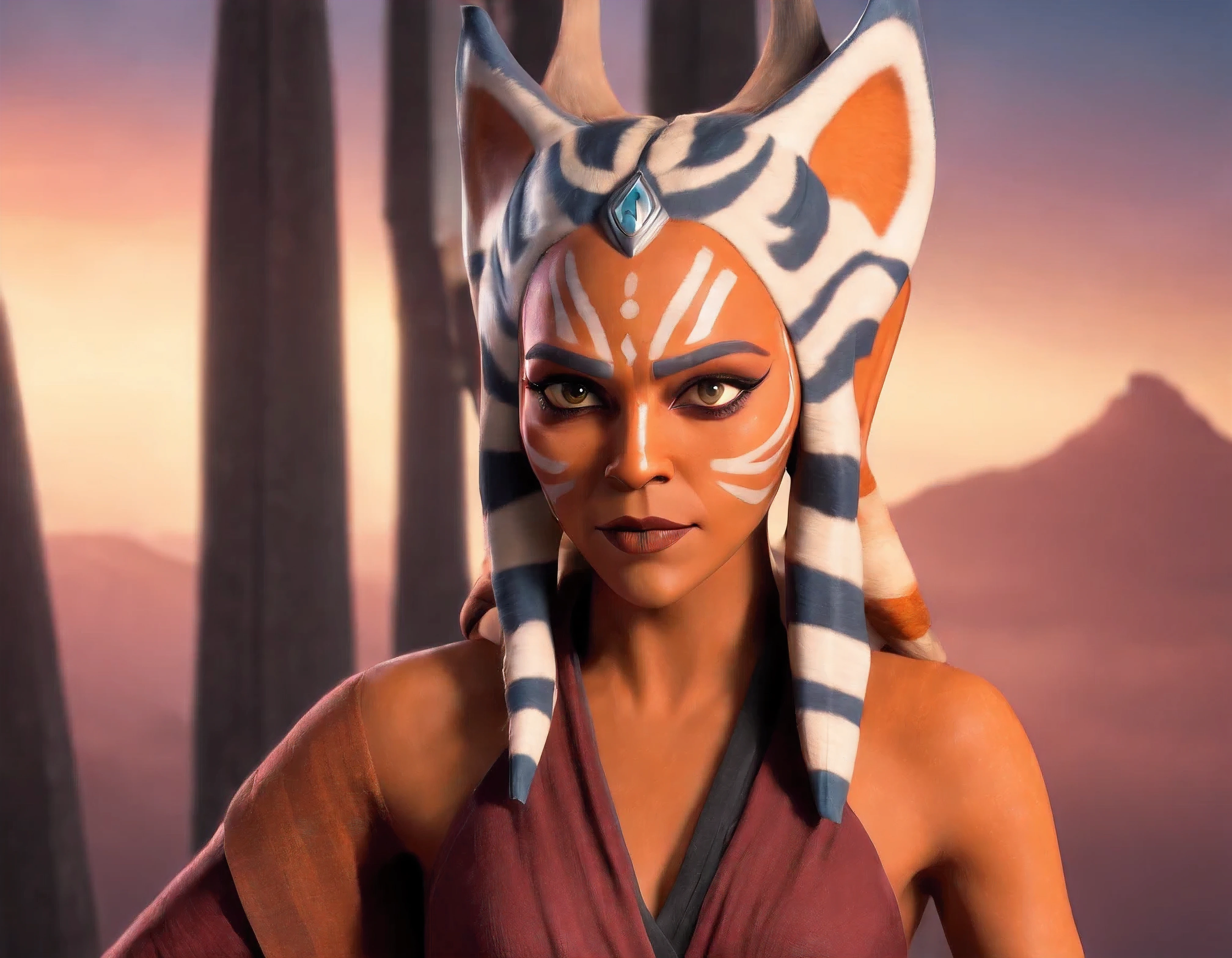 cinematic film still ahsoka tano raised eyebrow inside a ship, naked, no clothes, average , full body shot. Shallow depth of field, vignette, Highly detailed, HD Hollywood film by Ryan Coogler, Bokeh, cinemascope, moody, epic, wonderful, film grain, grainy