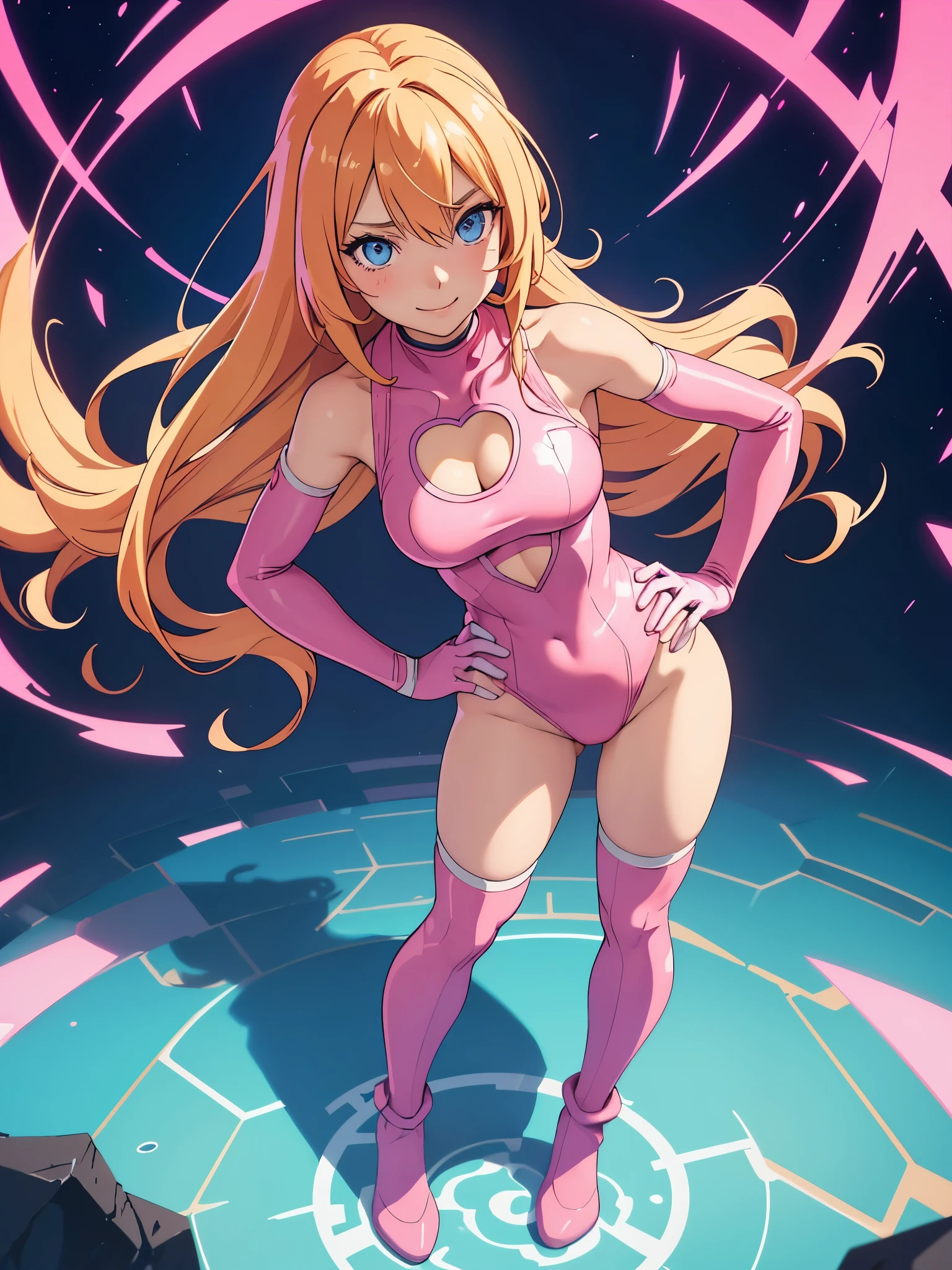 anime girl in pink leotard with pink shoes, full body zenkai! asuka suit, zero suit, blonde anime girl with long hair, hair down, bare legs, 1 cleavage cutout, heart cutout, magenta pink leotard, matching knee boots, sleeveless, matching gloves, girl infused with energy, standing, heroic, standing, hands on hip, smile, 1girl, solo, single, solo focus, blue eyes, beautiful detailed eyes, depth of field, medium breasts, perfect anatomy, proportionate body, extremely detailed eyes, extremely detailed iris, detailed hands