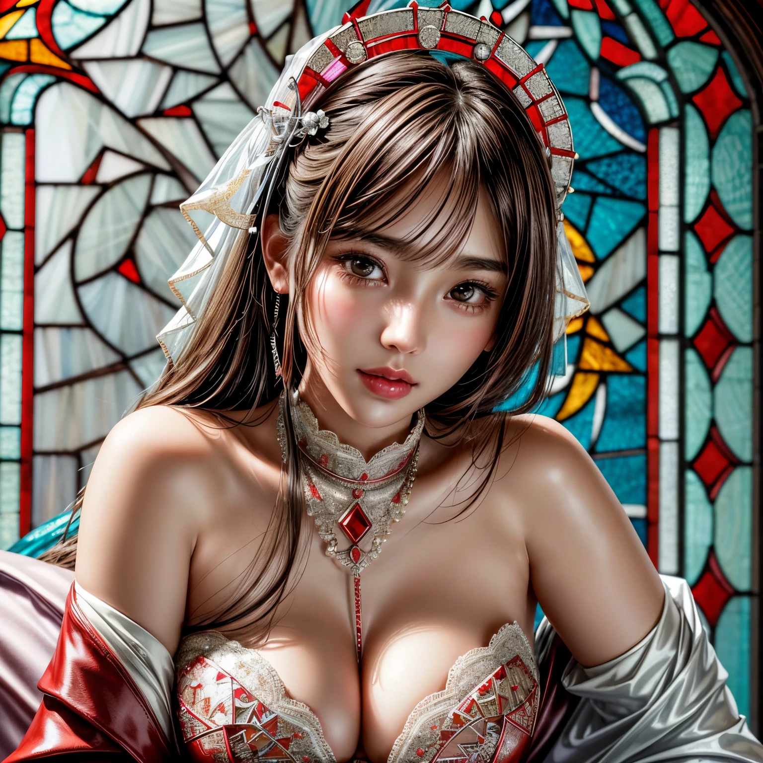 Sexy girl in ((WHITE)) and elaborate lace underwear, with Glossy RED lips, (Exposed:1.2), (((nipple:-0.9))), { (((Extremely closeup))) | Dynamic-angle }, ((Dazzling stained glass Background:1.2)), (( colorful Light shines through stunning elaborate stained glass:1.35)), vivid Red colors . ((Acutance:0.85, physically-based 3D rendering)), (masterpiece:1.2), (ultra-detailed:1.35), (((realistic and photo-realistic with touch of rawness:1.37))) . ((Renbutsu Misako)), (((Extremely detailed KAWAII face variations, with Dynamic expressions))),  detailed eyes with sparkling highlights, captivating gaze, long eyelashes, subtle blush on the face, rosy cheeks, impeccable ivory skin texture . { full of flowers covering girl's body | Mystic sight | haze | Light Particle | Luminous Particle | Lens Flare | Dazzling Halo in the air | (Red leather) high collar | Overflowing sideboob } . 