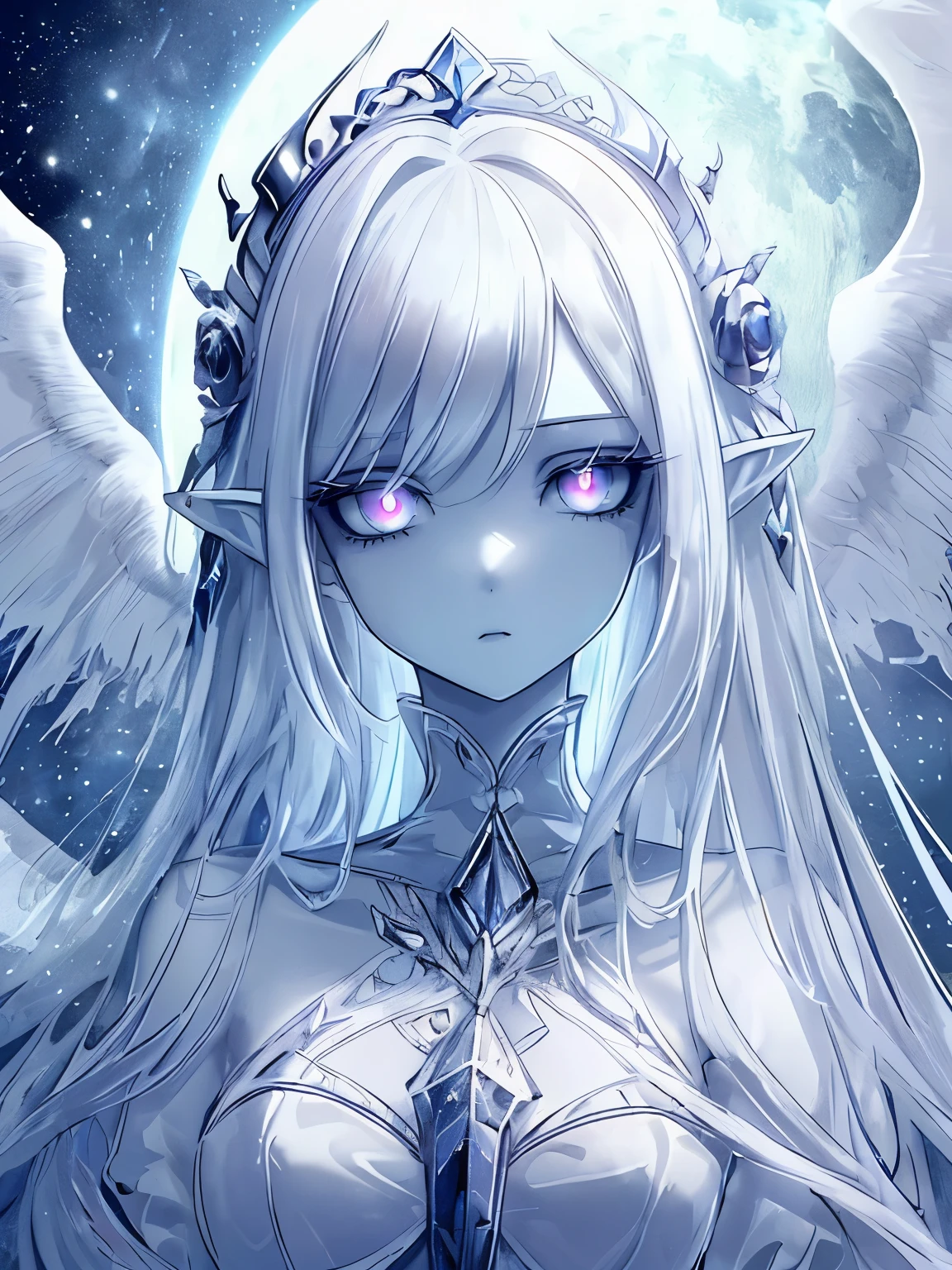 (masterpiece,best quality,ultra-detailed),1girl,tall girl,pale skin, pointy ears, nightmare:1.2,dead angel:1.4, delicate, beautiful, mystical,surreal, fantasy clothing,dress,beautiful and detailed face, detailed eyes,looking at viewer, multicolored eyes, glowing eyes,((night)),dark ambient,(beautiful girl,cute,kawai)