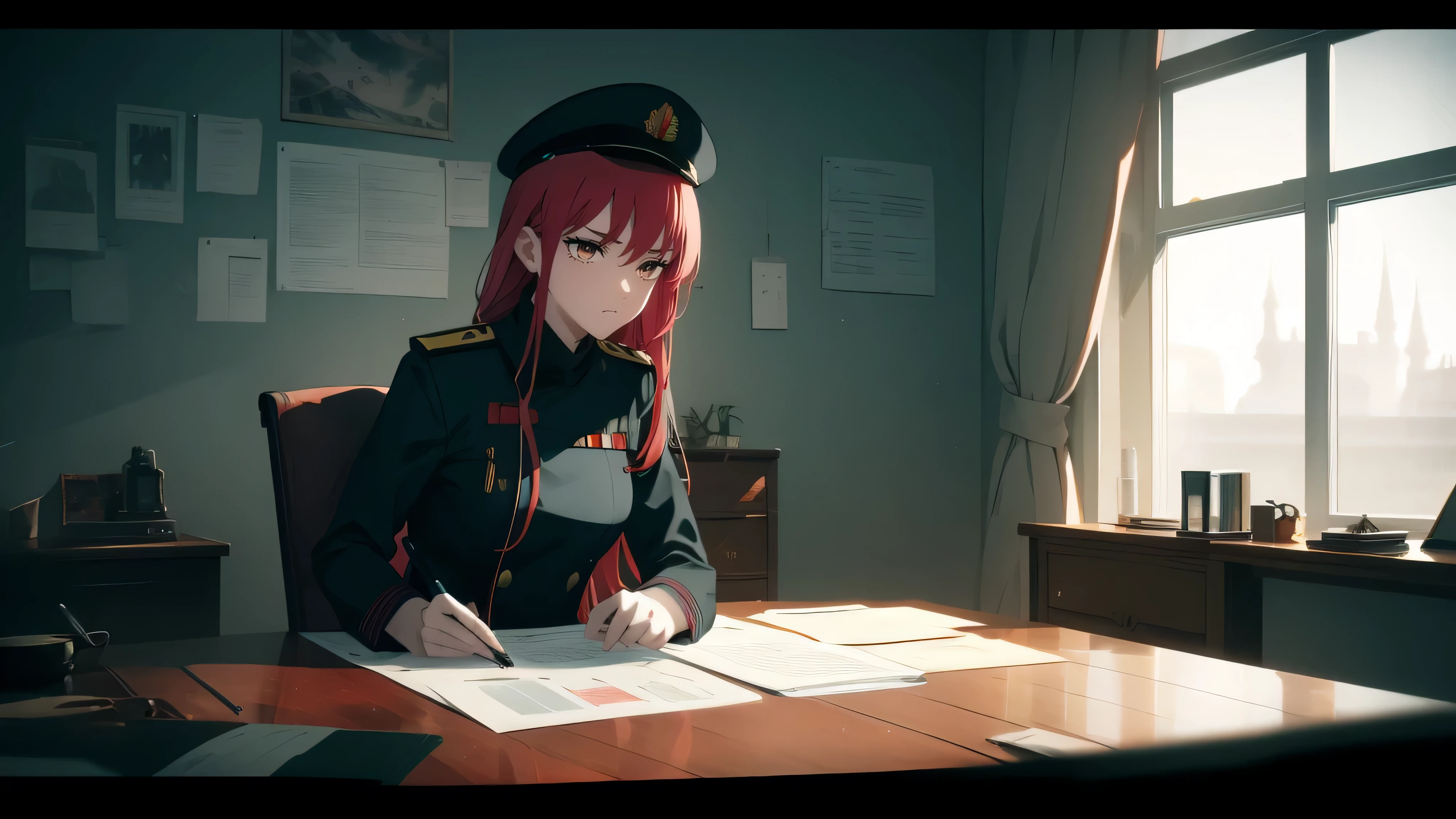 Generate an AI artwork set in the Soviet era, portraying an anime girl with striking red hair dressed in a Soviet military uniform, adorned with a green Soviet hat. She is diligently working at a desk piled with various documents, papers, and tools, creating a busy atmosphere. The backdrop showcases a window with an expanded view of the Kremlin, making it five times larger and more prominent. The overall aesthetic should embody the Sovietwave style and be crafted in the artistic vein of Guweiz. The scene aims to evoke a Girls' Frontline anime film screenshot, paying close attention to fine details akin to Girls' Frontline CG. The depiction should immerse the viewer in the anime of the 2012s era, capturing the essence of Soviet history and the meticulous work environment of the protagonist