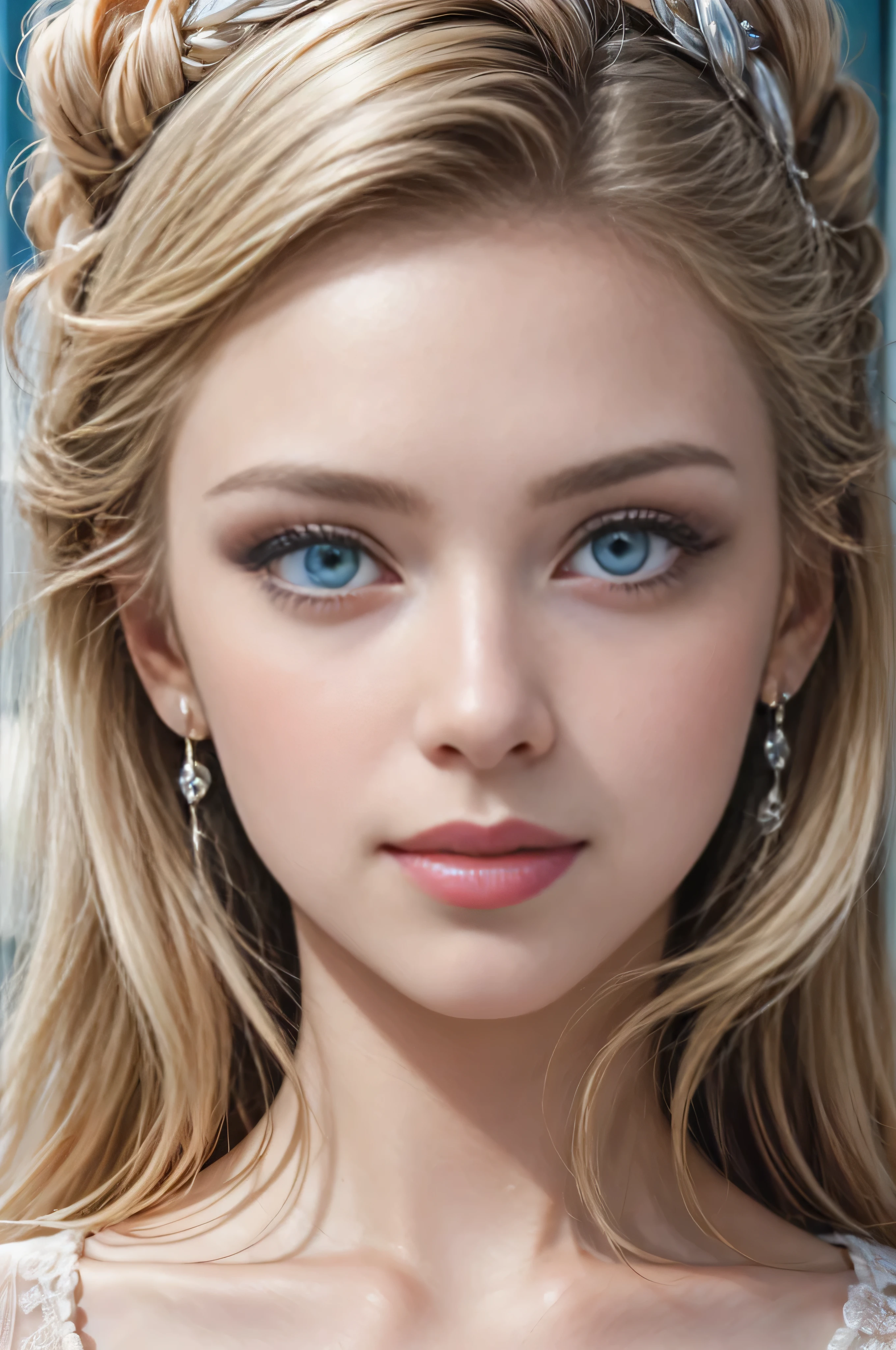 highest quality、High resolution、Super detailed、masterpiece、Live shooting:2、real:2、photorealistic:2、very delicate and beautiful、fine details、textured skin、beautiful caucasian、solo、Super beautiful, Makeup, Ecstatic expression, lecherous expression, temptation expression, Flowing layered white shiny blonde hair, Glowing big blue eyes, Seductive moist pink lips, perfect proportions, (close up of face:1.7)