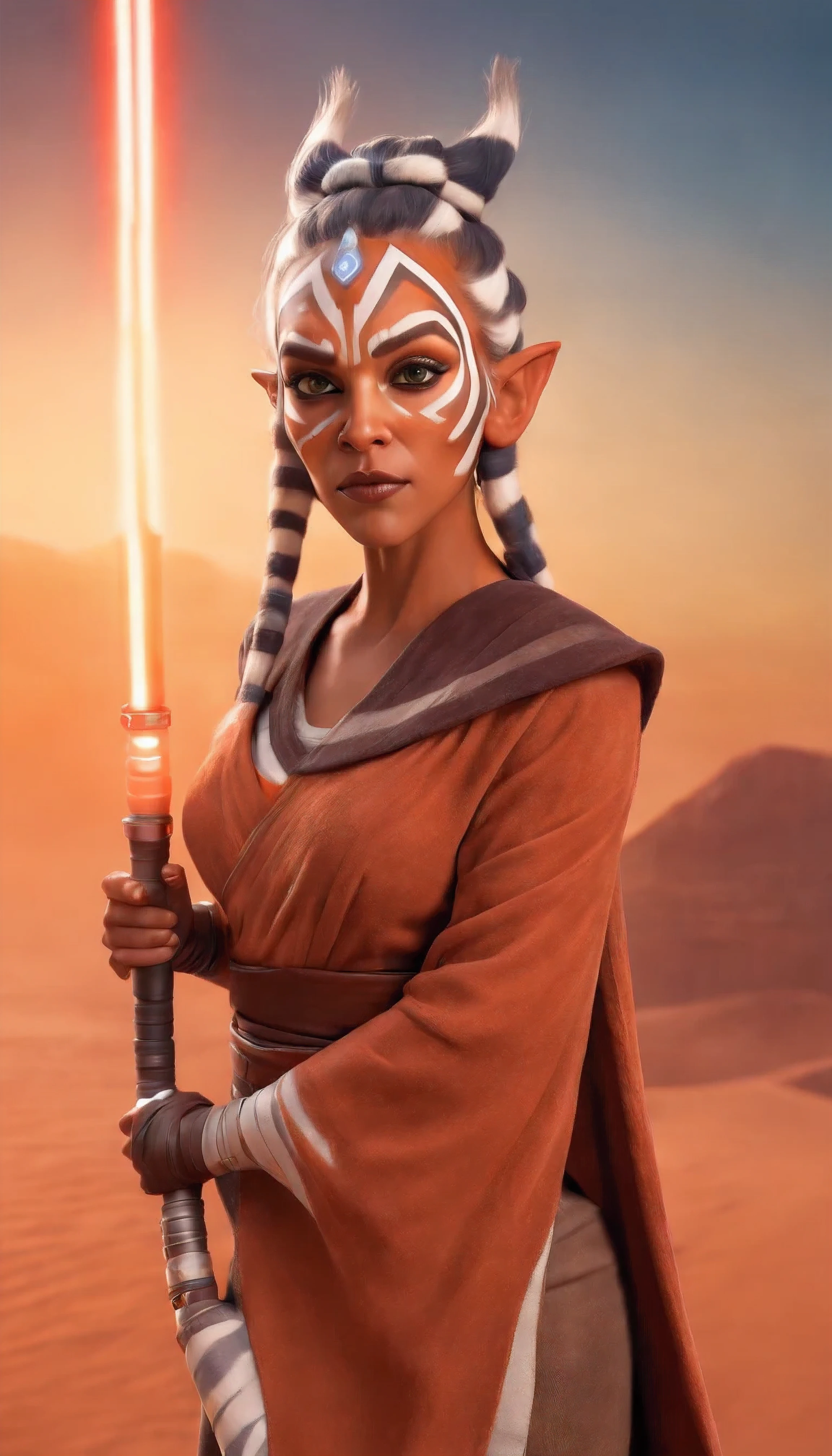 "Create a stunning illustration of Ahsoka Tano in action, with his characteristic white lightsaber and lekkus (tentacles) riding your Jedi prowess in an epic battle arena. Be sure to capture her essence and unique facial expression as she faces a challenge in the Star Wars universe."