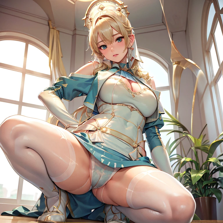 1girl, (solo:1.2), (cowboy shot:1.2), (Beautiful and detailed eyes description), (Beautiful and detailed face), Perfect female body, neat figure, slender waist, (young girl), (20 years old), long hair, platinum blonde hair, very big eyes, blue eyes, medium breasts, blush, shy, watery lips, nurse, (transparent nurse dress), nurse cap, unbuttoned, (white gloves:1.2), (white pantyhose), high heels, necklace, earrings, indoors, school nurse, hospital bed, window, white curtains, sunlight, squatting, (best quality), (ultra detailed), (masterpiece), (highres), (original), (extremely detailed CG unity 8K wallpaper), character design, game cg, detailed manga illustration,(NSFW 1.1)