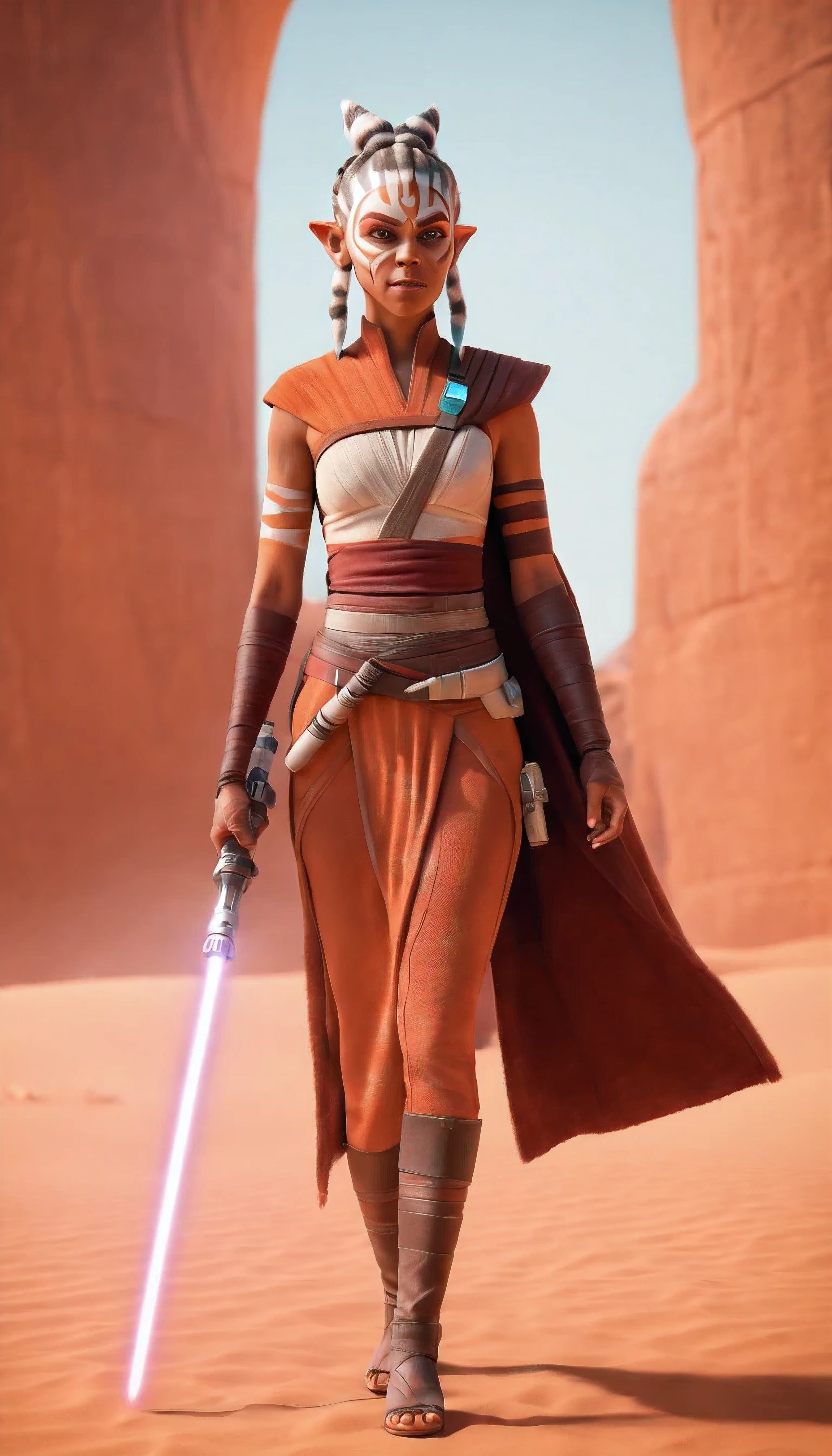 Movie poster of (((Ahsoka2023))), action character from Star Wars, ((detailed black woman as Ahsoka)), ((full body of black woman with fancy dark clothereathtaking face, nice skin, black woman with red neon light saber, background of ((Tatooine custome by Star Wars:1.4)), scifi city on background, vivid colors, anime style, sunset afternoon lights, realistic and intricate photography, unreal engine, stunning art, cinematic shading