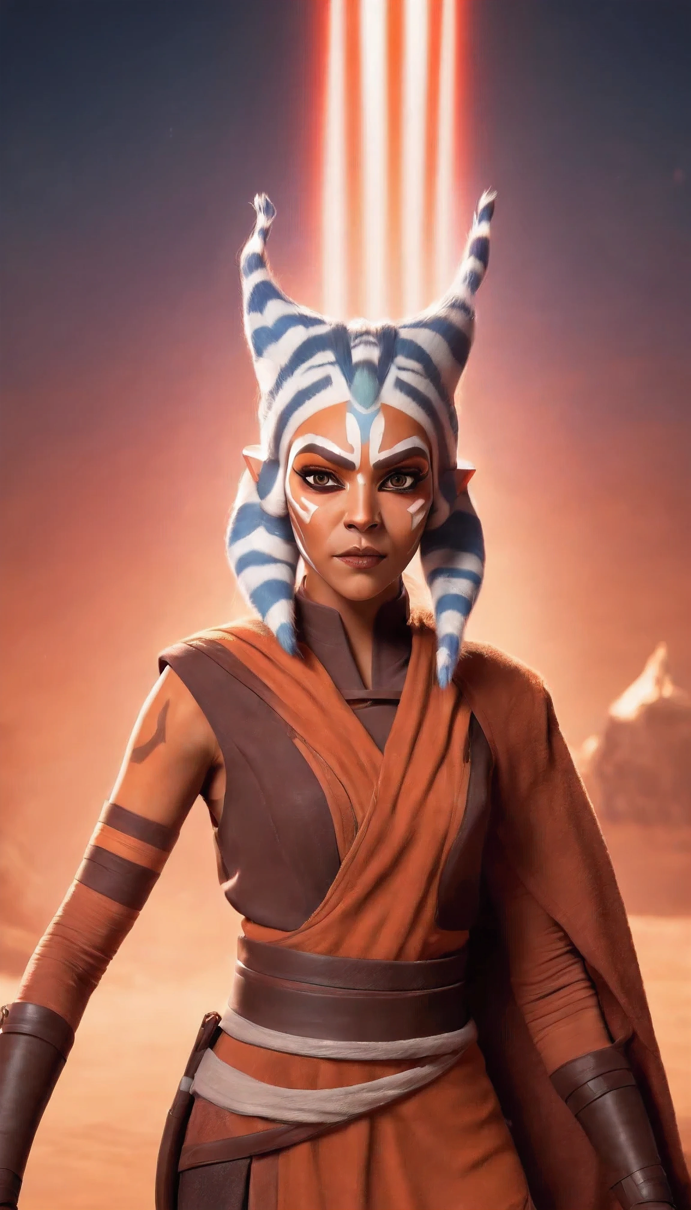 Movie poster of (((Ahsoka2023))), action character from Star Wars, ((detailed black woman as Ahsoka)), ((full body of black woman with fancy dark clothereathtaking face, nice skin, black woman with red neon light saber, background of ((Tatooine custome by Star Wars:1.4)), scifi city on background, vivid colors, anime style, sunset afternoon lights, realistic and intricate photography, unreal engine, stunning art, cinematic shading