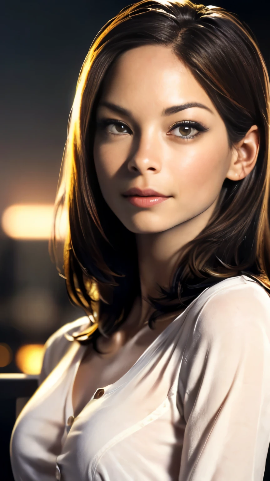 photo of Kristin Kreuk, RAW, beautiful woman, ((portrait)), ((detailed face:1.2)), ((detailed facial feature, detailed skin, clear skin), (perfect proportioned body), (wearing an small low cut long sleeve shirt) (high detailed city environment, apartment balcony), (realistic photo, best quality, detailed), (8k wallpaper), (cinematic lighting, dramatic lighting) (sharp focus, intricate)