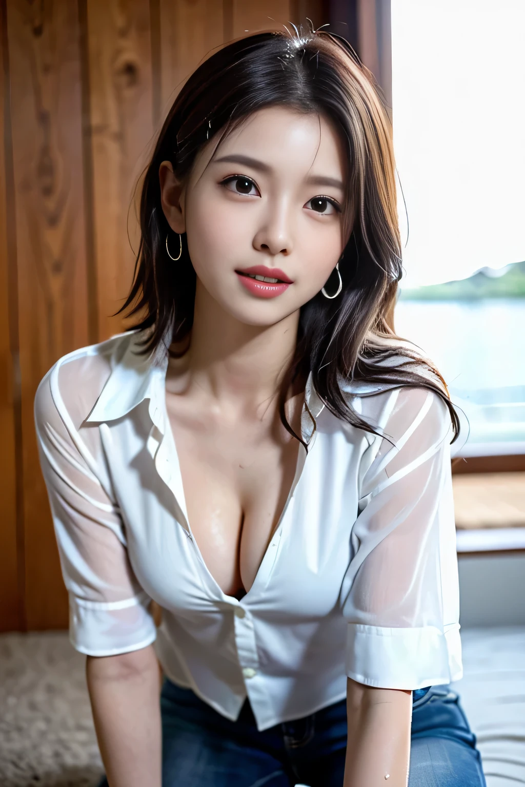 (outdoor seaside:1.3)(sandy beach beach:1.3)、(Sandy beach with strong winds:1.3)(crawling on all fours:1.7)、(Seawater washing over a woman:1.7)、(sunset over the ocean)、(Oversized shirt three sizes larger than women&#39;s:1.7)、(首元が開いて濡れた純白のOversized shirt three sizes larger than women&#39;sが透けて見える:1.7)、(濡れた純白のOversized shirt three sizes larger than women&#39;sが垂れ下がって浮いた隙間から見える貧乳:1.3)、(sexy white bikini pants:1.3)、(Oversized shirt three sizes larger than women&#39;sと貧乳その間空間:1.3)、(A flicker of cleavage with very small breasts:1.3)、(Very small breasts:1.7)、(Very small breasts見せ: 1.3)(smile full of happiness:1.3),(((emphasize small breasts:1.3))),(dynamic angle),(((Dynamic and sexy forward leaning posture:1.7))),(( (wet and shiny skin)))、Extremely small breasts、Disarray of clothes fluttering in the strong wind、chest slip、one girl、hairpin、necklace、earrings、look up from below、pointy red mouth、cheeks turn red、He looks at the person who logs in,(shiny silver hair color,and colorfully colored short hair with orange stripes),Disturbed hair fluttering in the strong wind,looking at the camera,(professional lighting),(8K,muste piece、highest quality、Ultra high resolution output image、)、Depth of bounds written、beautiful hands、beautiful fingers、Detailed finger features、detailed hair features、detailed facial features、Detailed clothing features、wet hair、wet body、wet costume、