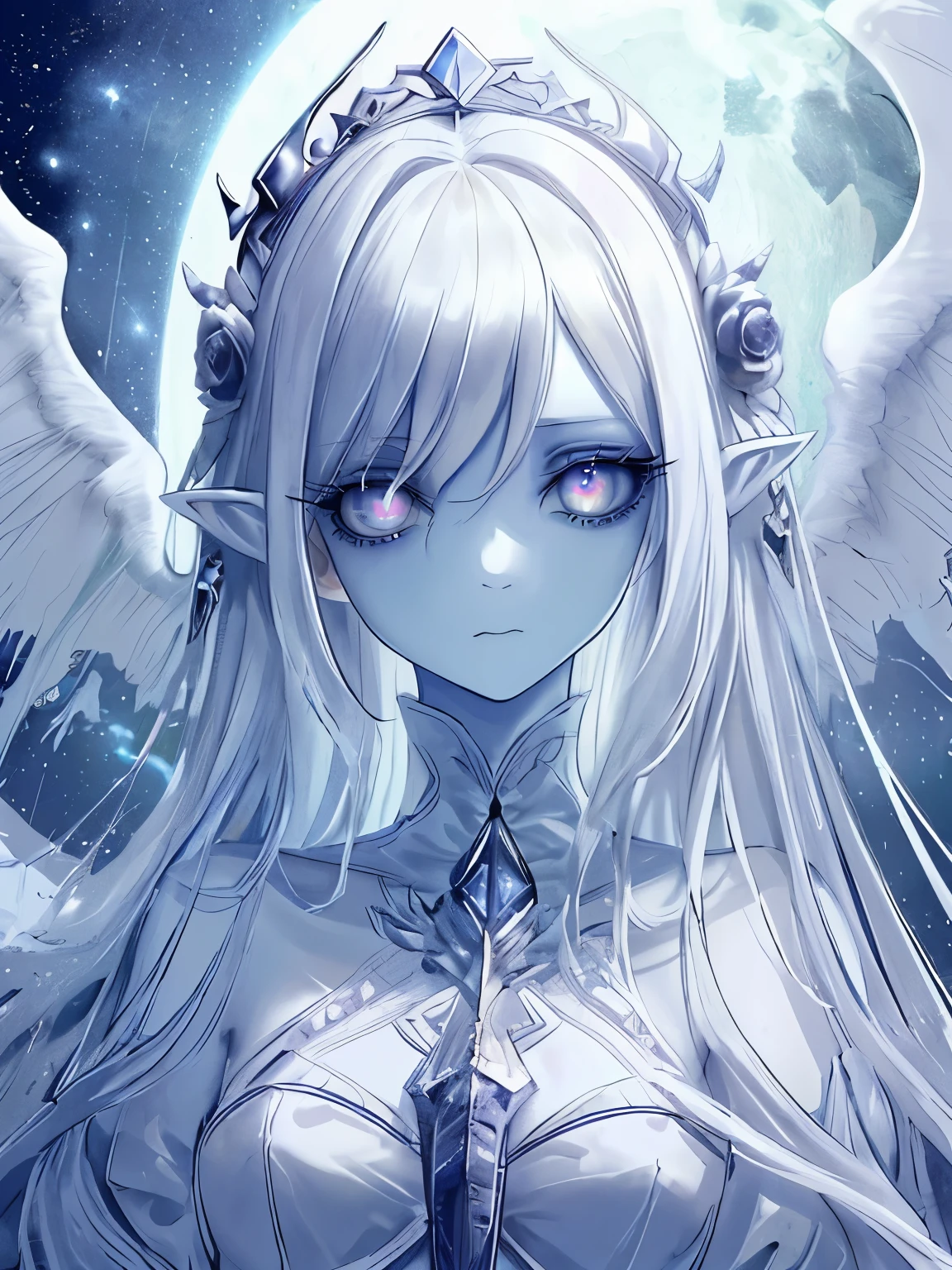 (masterpiece,best quality,ultra-detailed),1girl,tall girl,pale skin, pointy ears, nightmare:1.2,dead angel:1.4, delicate, beautiful, mystical,surreal, fantasy clothing,dress,beautiful and detailed face, detailed eyes,looking at viewer, multicolored eyes, glowing eyes,((night)),dark ambient,(beautiful girl,cute,kawai)