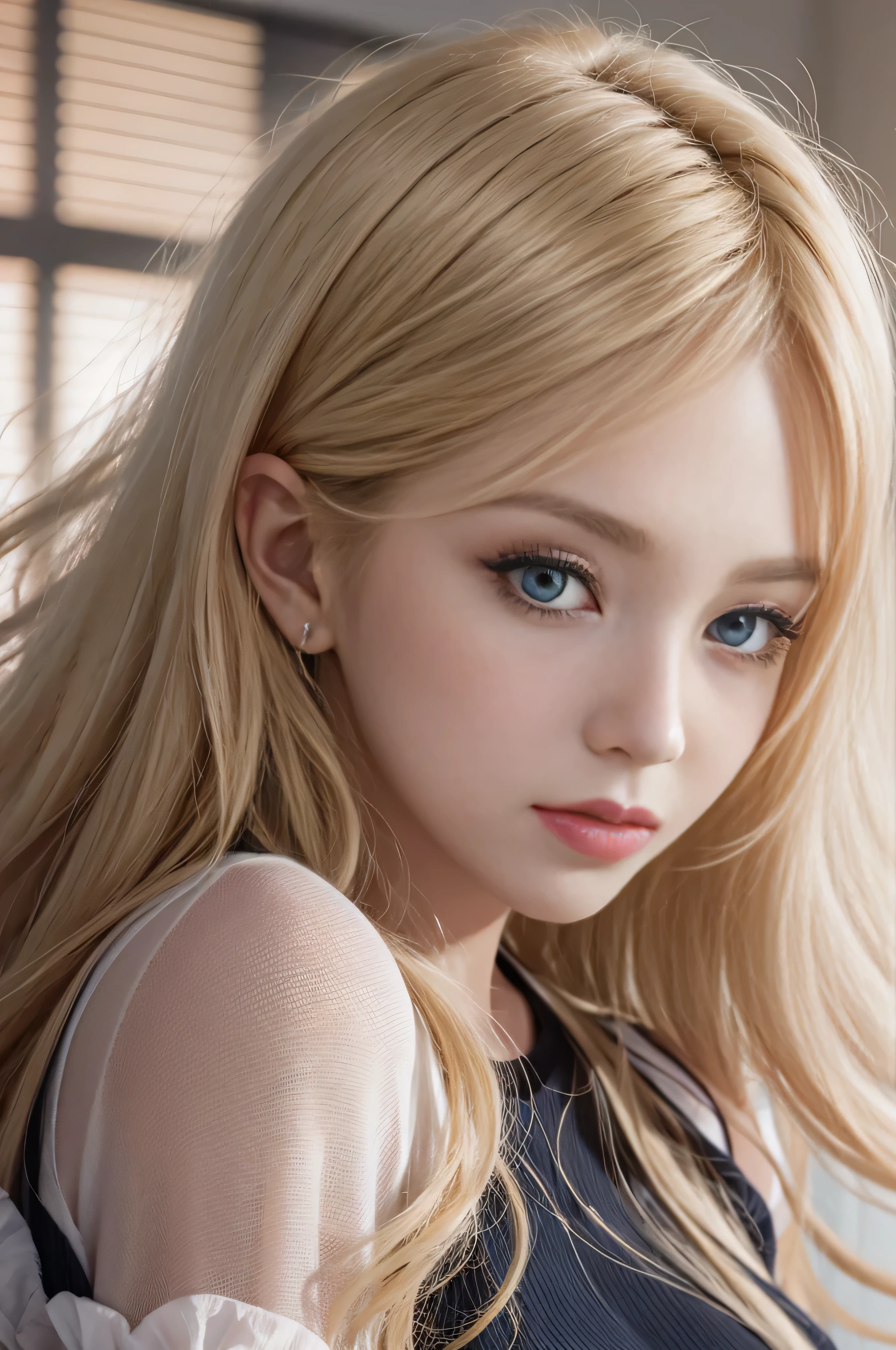 highest quality、High resolution、Super detailed、masterpiece、Live shooting:2、real:2、photorealistic:2、very delicate and beautiful、fine details、textured skin、beautiful caucasian、solo、Super beautiful, Makeup, Ecstatic expression, lecherous expression, temptation expression, Flowing layered white shiny blonde hair, Glowing big blue eyes, Seductive moist pink lips, perfect proportions, (close up of face:1.7)