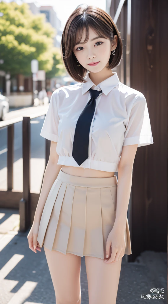 ((1 female、full body shot、take pictures of everything about her、perfect ???????))、((Random Standing Pose、Full body shot))、black eye、korean school uniform、short sleeve school uniform shirt、ribbon tie、plaid mini skirt、light brown hair、In town、outdoor、Background blur。chest-up pose、Pose to show off your breasts、8k raw photo、High resolution、16-year-old cool Korean、very round chest、beautiful eyes、drawn in detail、long eyelashes beautiful double eyelids、eye shadow、eyeliner、narrow eyes、elongated eye shape、Three white eyes、evil smile、evil look、Beautiful and very thin legal and very thin thighs,、random short hair、tie hair at the back of the head、earrings、((Stretch one leg forward))、white school socks、 brown loafers