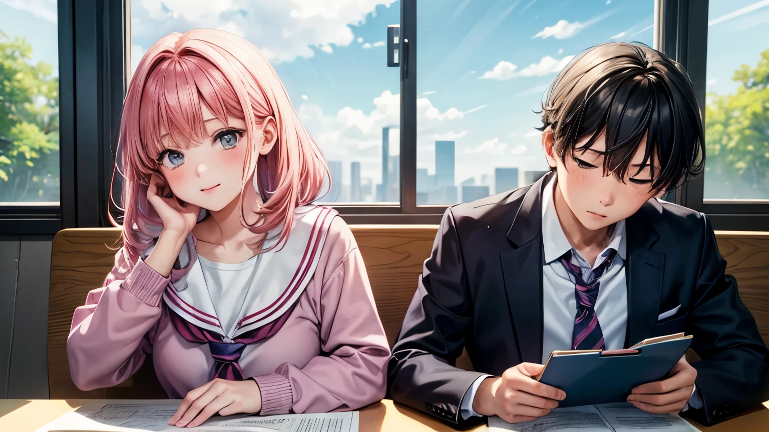 two , a boy and a girl, the age of 6, sitting nach other, at table half upper body, the girl HOLDING a big pink crayon , cute anime cartoon style, with a contemplative pose, cute anime cartoon style, wearing beautiful school uniform ,and holding coloring books. The image is in high definition at 4k resolution, with highly-detailed facial features and cartoon-style visuals.