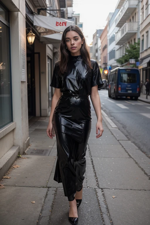 ((best quality)), ((masterpiece)), (detailed), perfect face realistic photo of beautiful woman with long dark brown hair, Russian, influencer, light freckles, dark brown eyes, big lips, no makeup, instagram, in a black dress posing for a picture, inspired by Carles Delclaux , glossy shiny reflective, official jil sander editorial, pencil skirt, female figure in maxi dress, ruched bodice, trending on dezeen, slightly sunny weather, embers to waist, lookbook, fall, wearing latex, marine, full length view