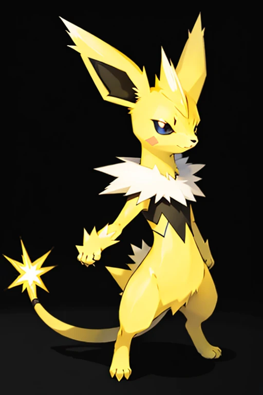 jolteon, yellow skin, yellow fur, large ears, black eyes, black nose, slender legs, pink paw ,furry, anthro, mammal, bipedal, small breasts, flat chest, full body, , nipples, nude, pussy, (best quality, ultra-detailed, realistic:1.37), vibrant colors, photorealistic, digital painting, glowing-effects, dynamic lighting, Eeveelutions, electricity, lightning bolt, Pokemon, lightning strike, thunder, power, fierce expression, standing on hind legs, tail with sparks, electrical sparks, animated, energetic, mythical creature