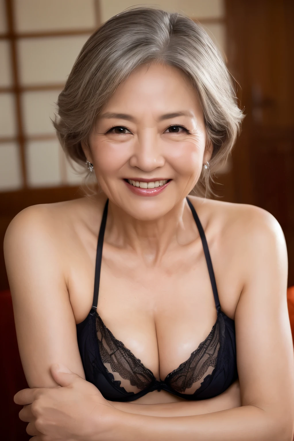 ((unparalleled masterpiece ever、top-quality、Female, 65 years old、(Wrinkled face:1.1)、(Wrinkled body:1.3)、grin、japanese mature、((Scruffy body:1.1))、Erotic Lingerie、