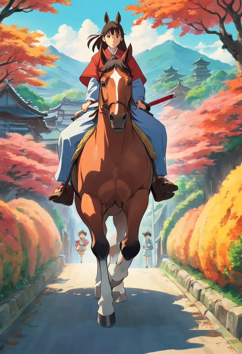 Two people carpooling behind a horse,animation style,japanese samurai