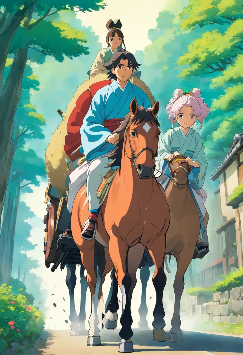 Two people carpooling behind a horse,animation style,japanese samurai