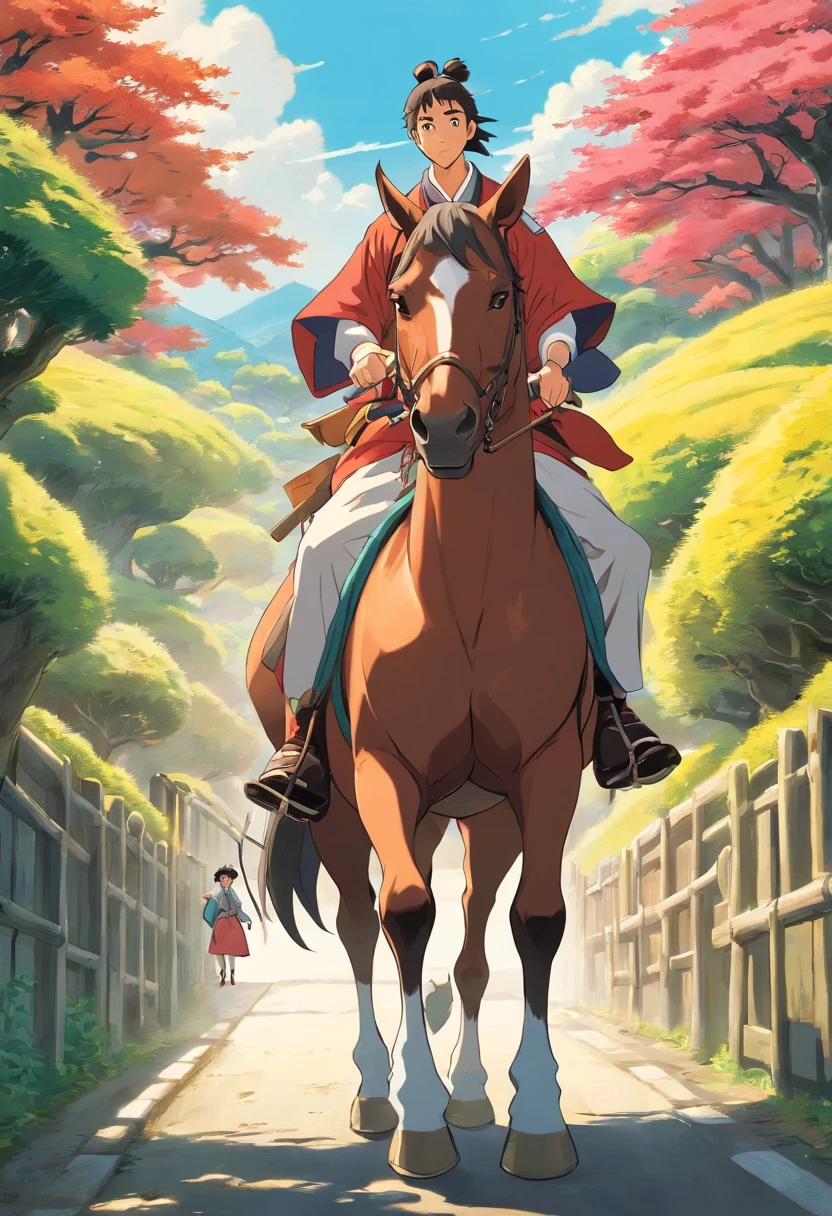 Two people carpooling behind a horse,animation style,japanese samurai