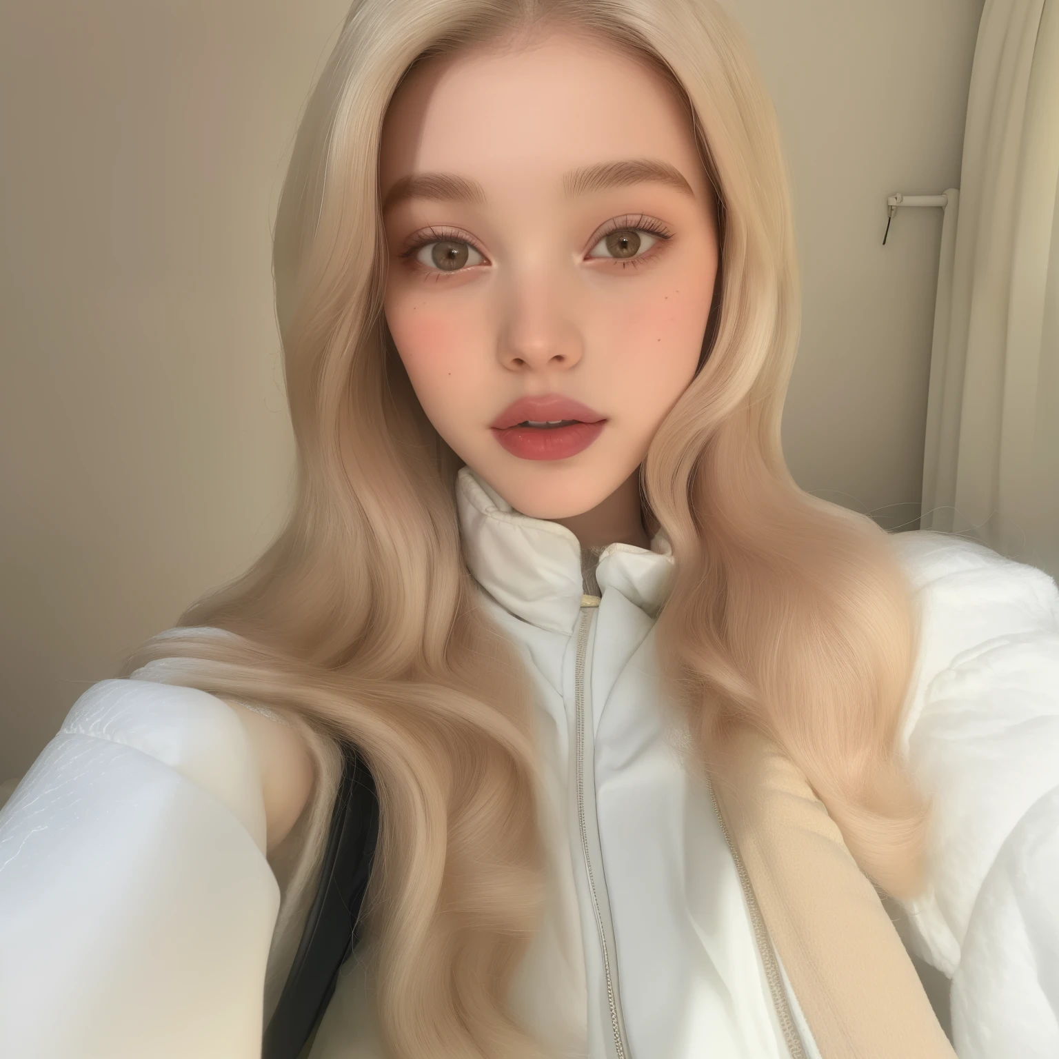 Mulher loira tirando uma selfie com o celular em um quarto, Sydney Sweeney, modelo do instagram, face like exposed ester, pale and glowing skin, with pale skin, soft and flawless pale skin, dasha taran, natural soft pale skin, rosto perfeito ), ellie bamber, Yelena Belova, pele clara cabelo loiro cacheado, imagem vazada