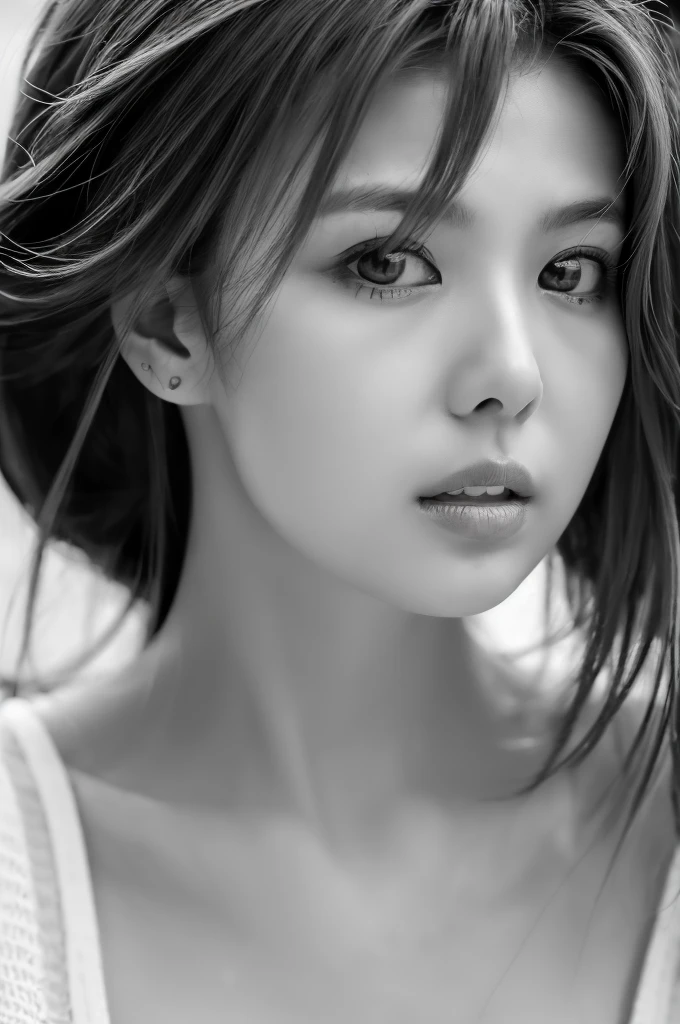 masterpiece, Best Quality, Photorealsitic, Ultra-detailed, finely detail, high resolution, 8k wallpaper, Professional, high level of detail, ((Monochrome photography)), 1girl in, ((Facing the front)), ((Vermilion lips)), Detailed clavicle, face perfect, straight haired