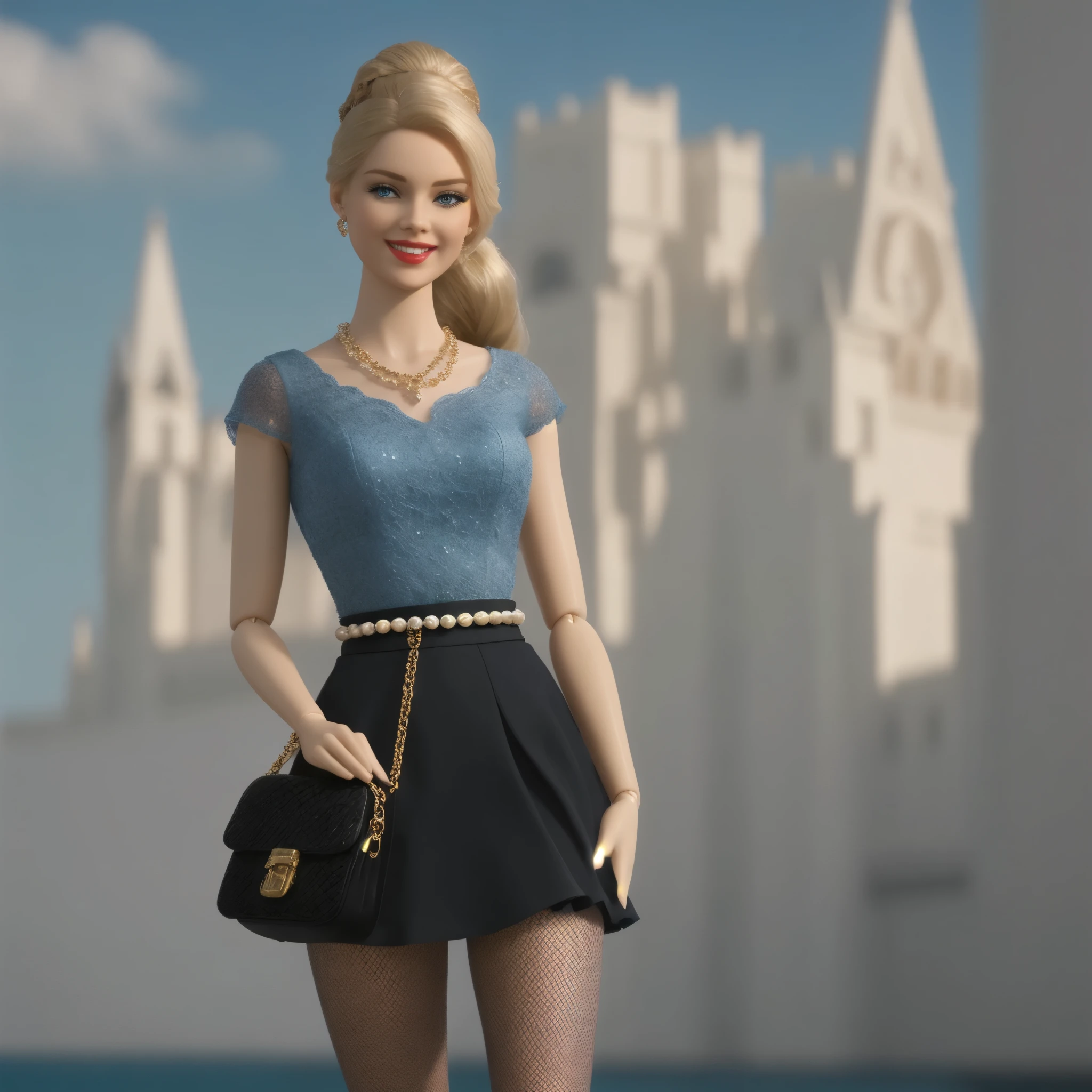 fullbody of a pale anorexic tall young European (Barbie) queen doll, ((wicked-laugh)), Delicate detailed face, flawless-silicone-skin, animated, detailed white skin texture, golden-ponytail-hair, (adorable), Clean, wide smile, glowing-blue-eyes, blue colored pupil, black-boots, fishnet-tights, (schoolgirl-fashion-outfit), school-skirt, (black-handbag), (luxurious tiara), gloss, fresh flowers, (landscape), (ocean), mountains, pine forest, centered golden frame, center, diamond necklaces, pearls, Disney style, high resolution, official art, unreal-engine, high dynamic range, (render), cinema4d, sun ray, porcelain, (looking at viewer), makeup, red lips, depth of field, from below, masterpiece, 8K, best quality, anatomically correct,