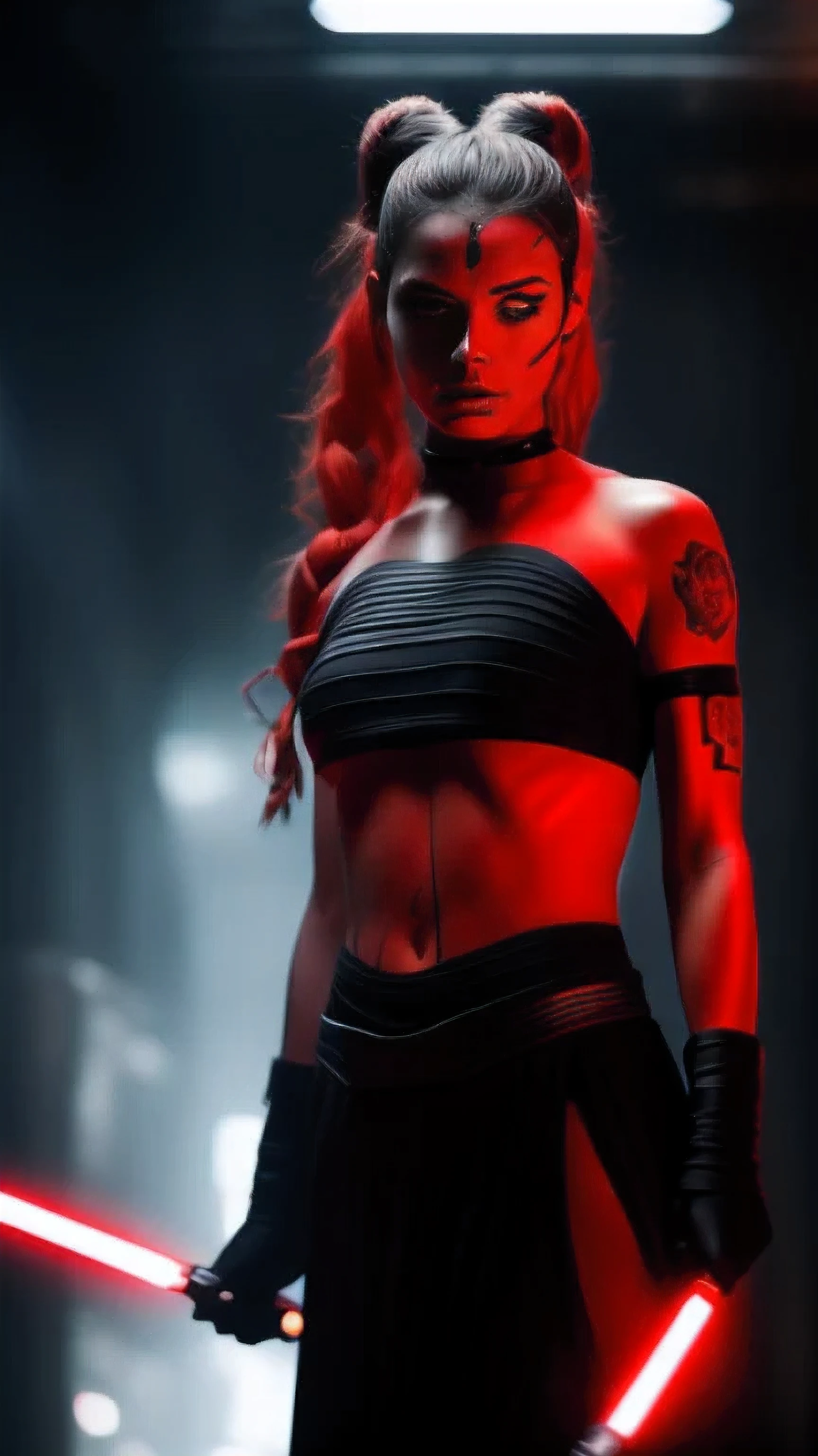 A girl, Sith Lord, red skin, fit body, , holding one red light saber in her hand, wearing a black crop top with a hood, underboob, black skirt, darth talon:0.8, at the starship, Star Wars, j j abrams, photorealistic, sharp focus, depth of field, vogue magazine, fashion photo, cinematic lighting, rim light, cozy:1.2, neon