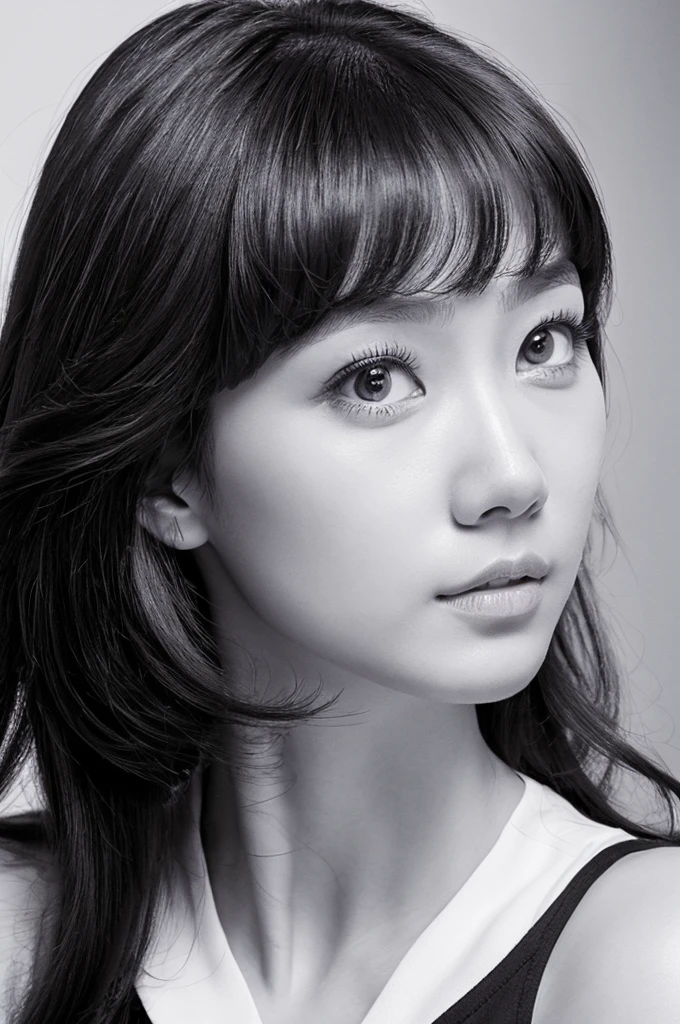 masterpiece, Best Quality, Photorealsitic, Ultra-detailed, finely detail, high resolution, 8k wallpaper, Professional, high level of detail, ((Monochrome photography)), 1girl in, ((Facing the front)), ((Vermilion lips)), Detailed clavicle, face perfect, straight haired